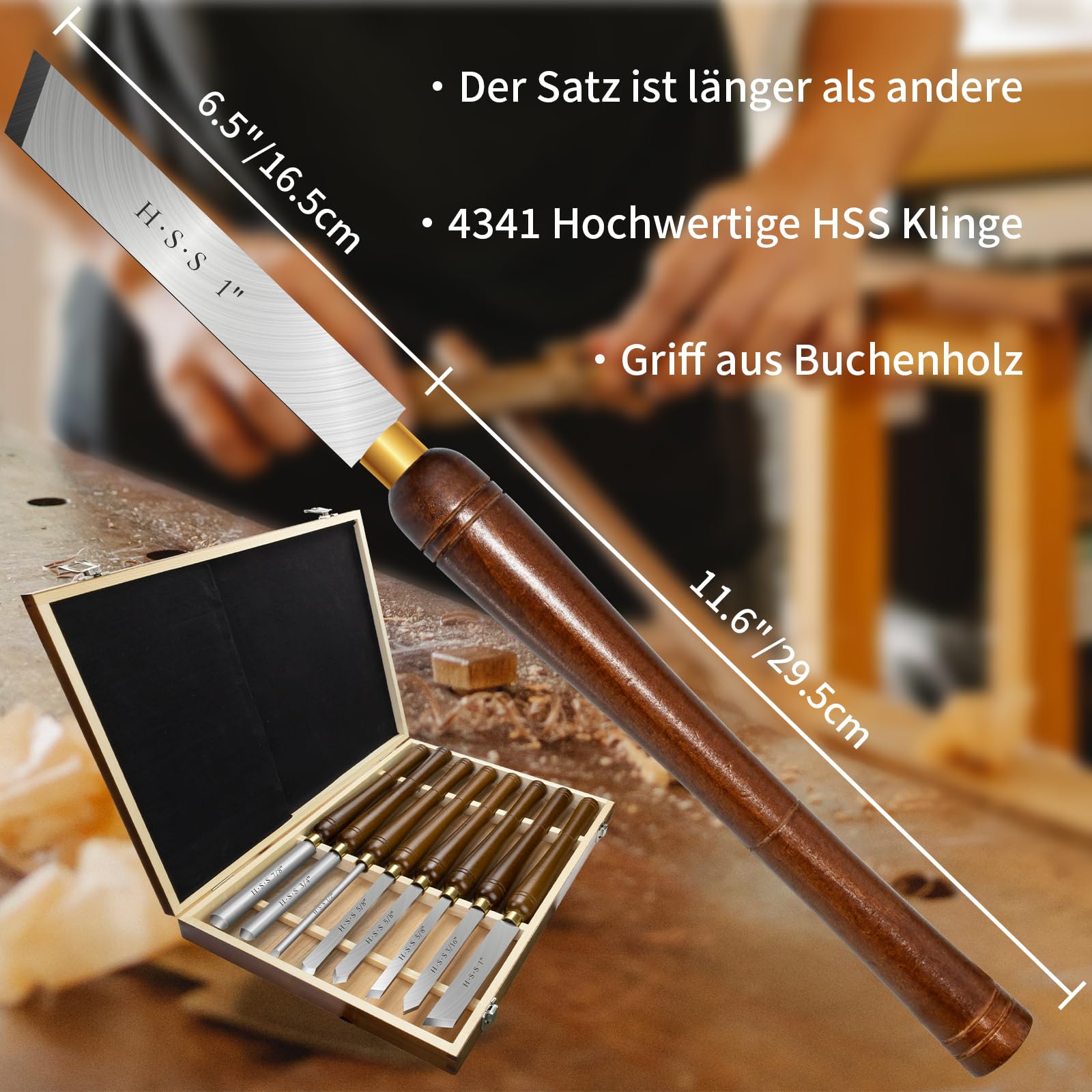 Drechseleisen Set, HSS Drechselmesser im Holzkoffer, Drechselwerkzeug für Holz(8Stück)