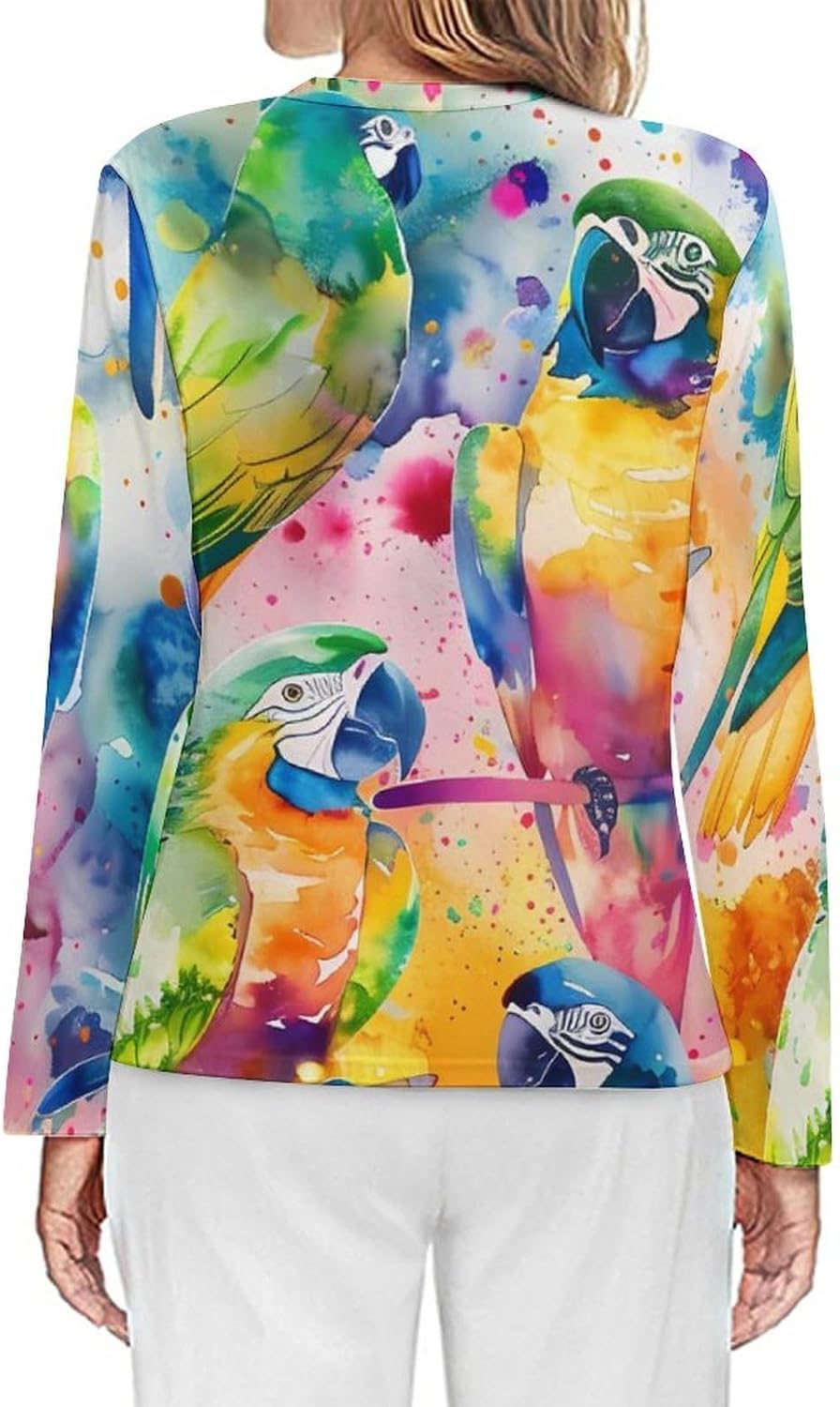 Colorful Parrots Watercolor Women's Pajama Top Sleepwear Pajamas Sleep T-Shirt Long Sleeve Shirt Crewneck Tee
