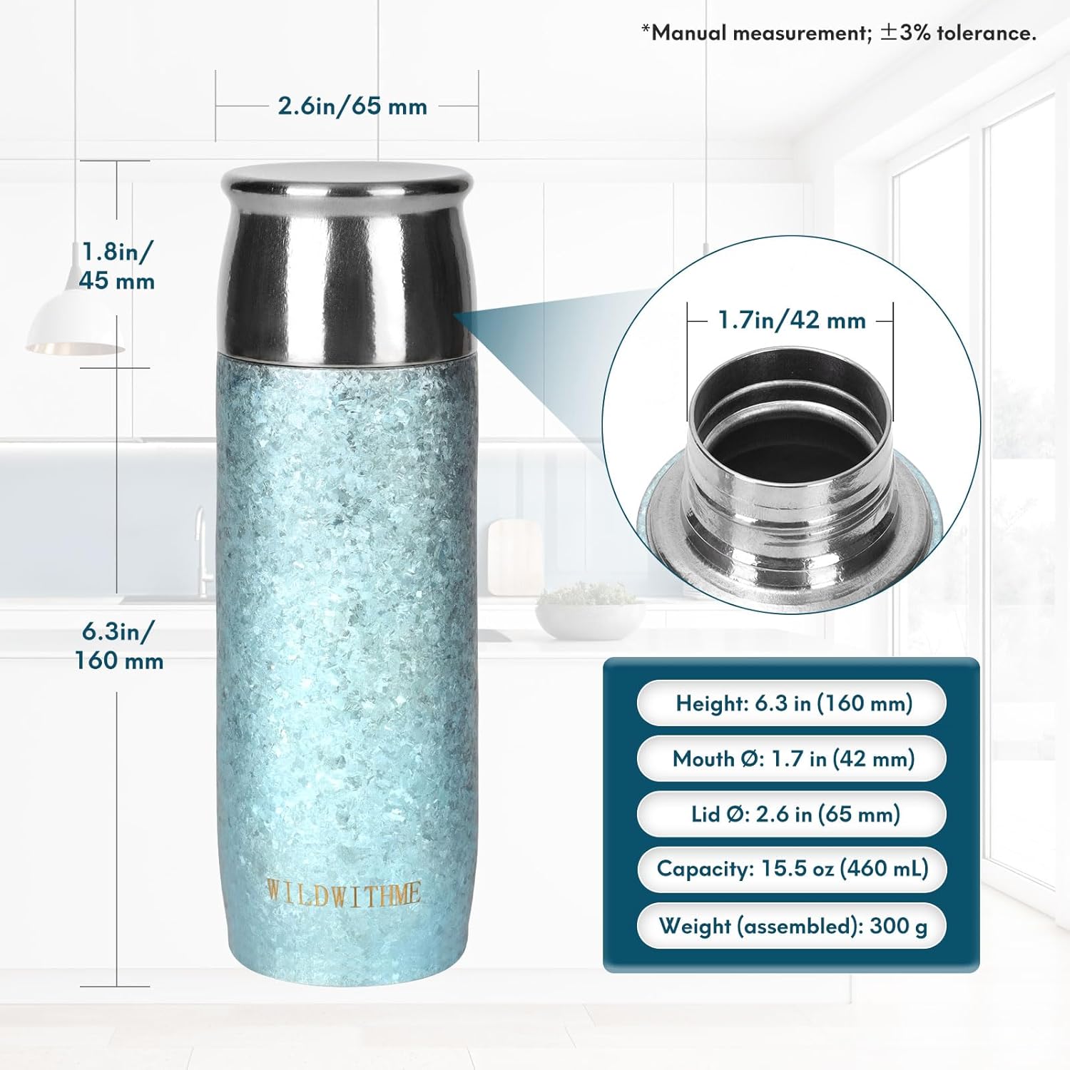 Titanium Magnetic-Lid Travel Water Bottle 15.5 oz (460 mL), Vacuum Insulated Slim Design, Wide-Mouth, Leak-Resistant, with Removable Titanium Strainer, Sky Blue - Image 4