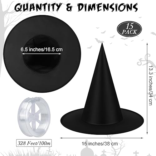 Miniatura 2 de Sombrero de bruja de 15 piezas con cuerda colgante de 328 pies, decoración de Halloween, cosplay, accesorios para decoración del hogar, patio,
