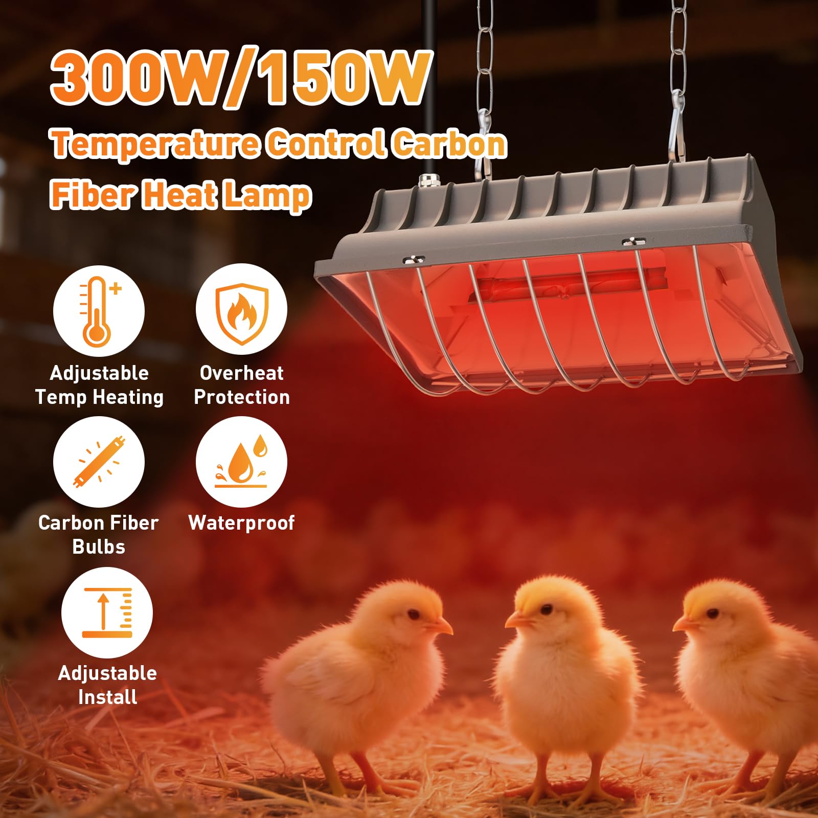 Chauffant Poussin, avec Contrôle de Température 300 W/150 W | Lampe Chauffante Pour Volaille, IPX4 résistante à l'eau, pour poussins, porcelets et volailles