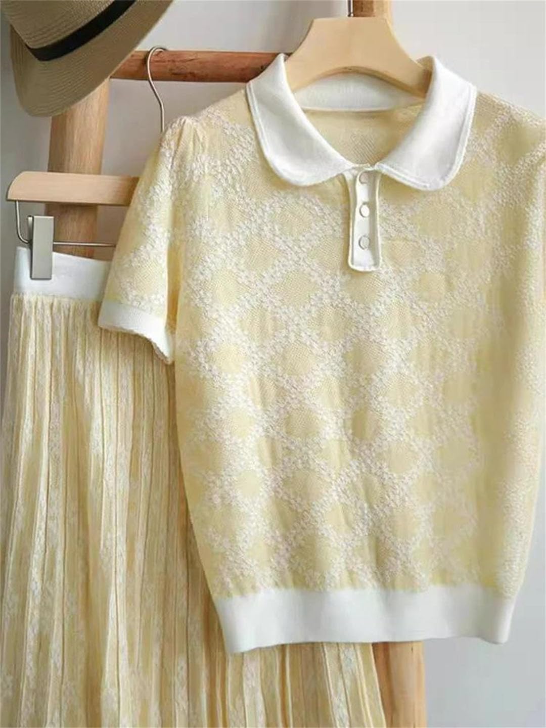 Women's Patchwork Short Sleeve Tops High Waist Pleated Long Skirts Two Piece Sets
