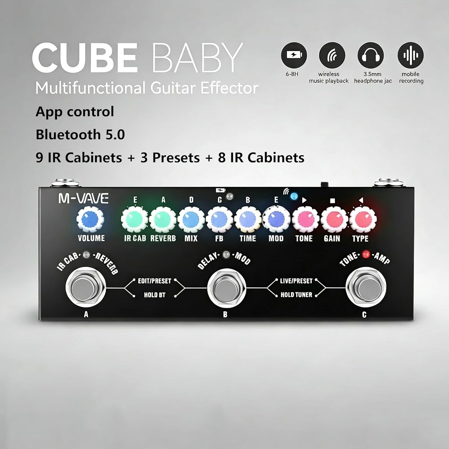 Multi Effects Guitar Pedal Portable Electric Guitar Processor with 9 AMP Models, 8 IR CabSims, Reverb, Delay, Distortion, Overdrive Rechargeable, Bluetooth 5.0, PC/Phone Recording