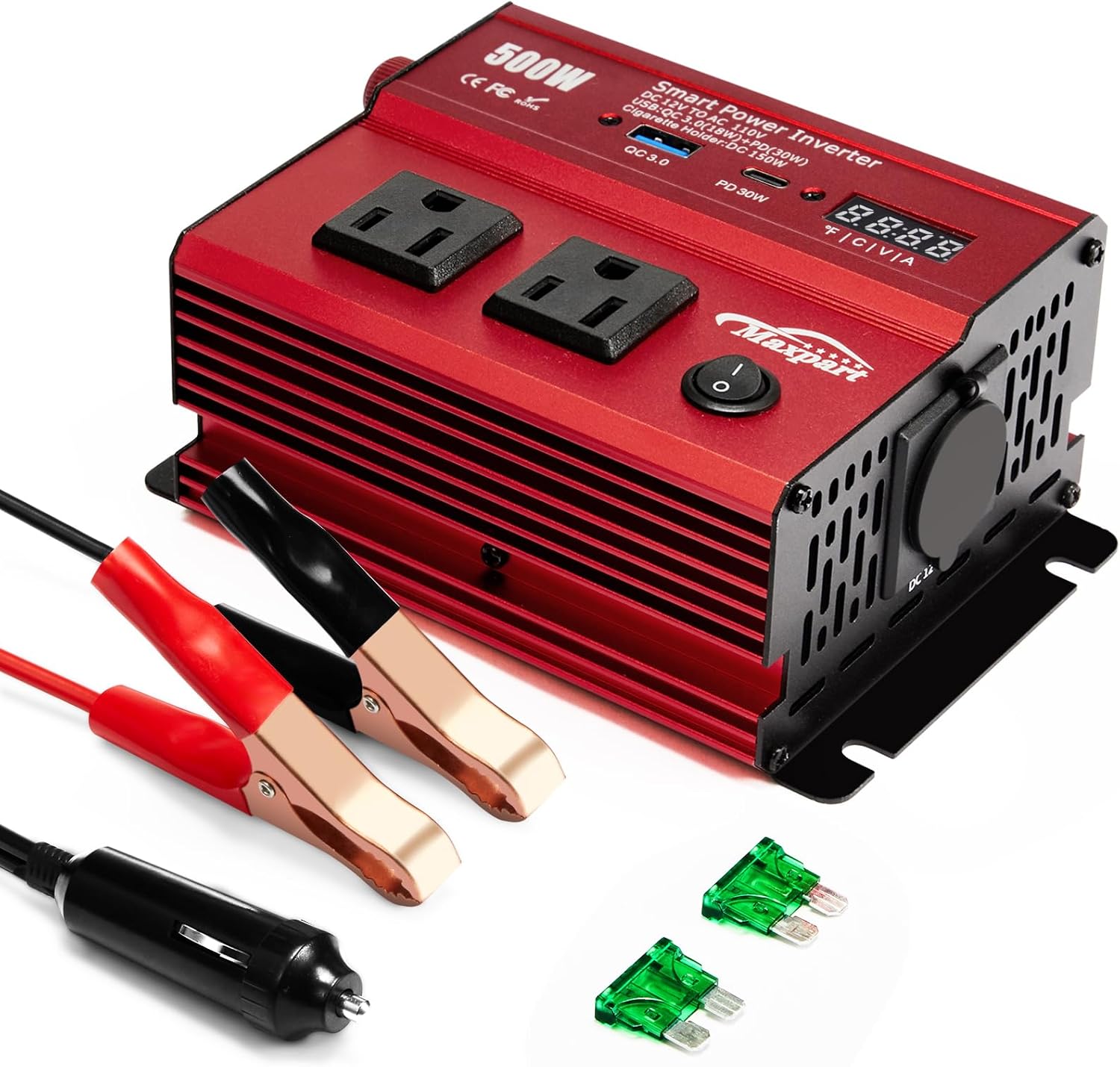 TwingRepublic 500W Power Inverter 12V DC to 110V AC Car Converter with USB Type-C, 3A USB & Cigarette Lighter Ports for Laptops Tablets