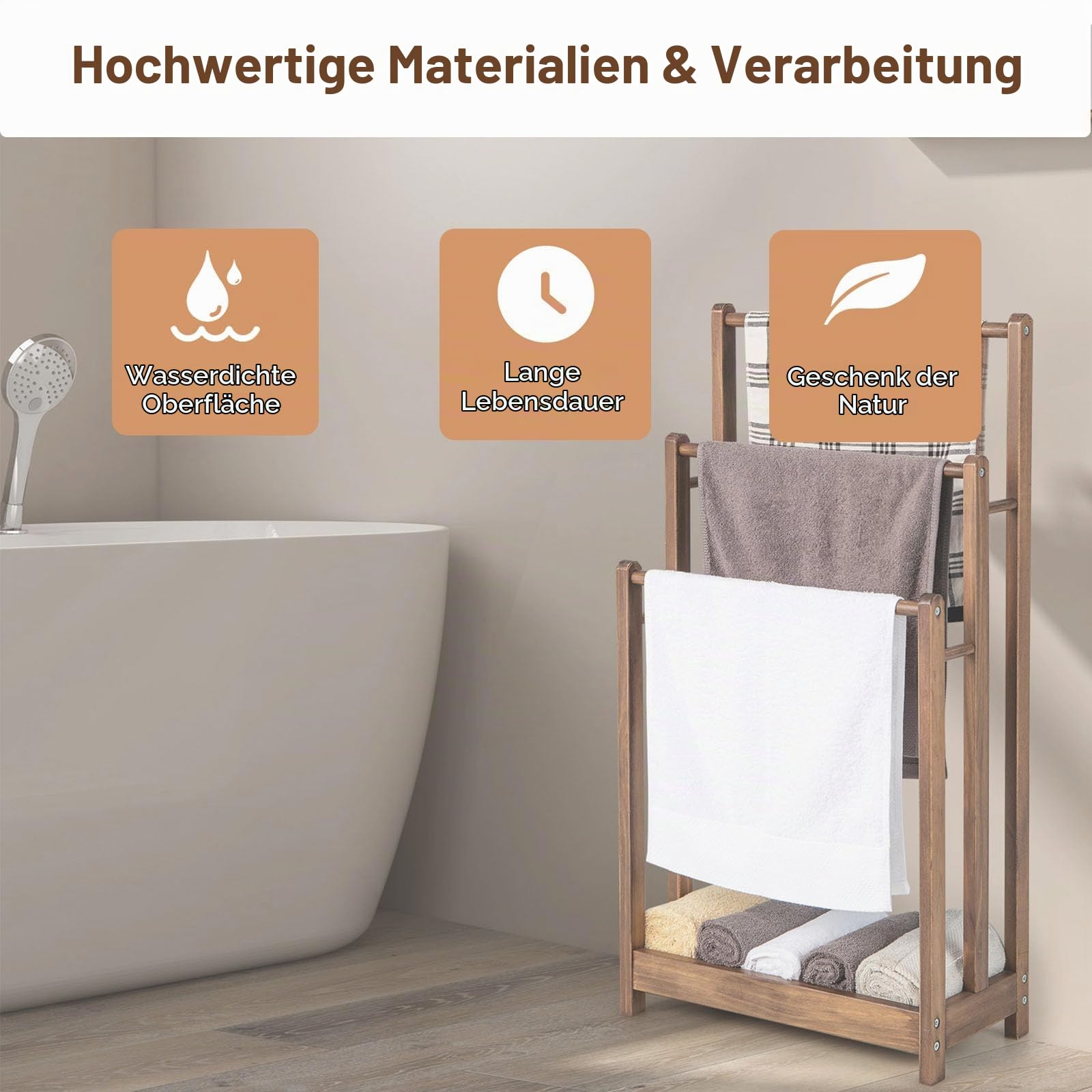 LIFEZEAL Handtuchständer Stehend, Duschtuchhalter Handtuchhalter Holz, Badetuchhalter Freistehend mit 3 Handtuchstangen & Ablage, Standhandtuchhalter 3-armig für Bad (Braun)