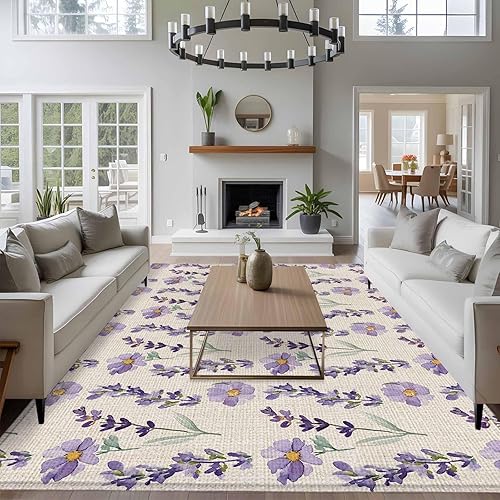 Miniatura 4 de 5x8 Area Rugs, Lavender Floral Non-Skid Rubber Backing Large Rectangle Rugs - Living Room Bedroom Home Office, Summer Pastoral Watercolor Retro