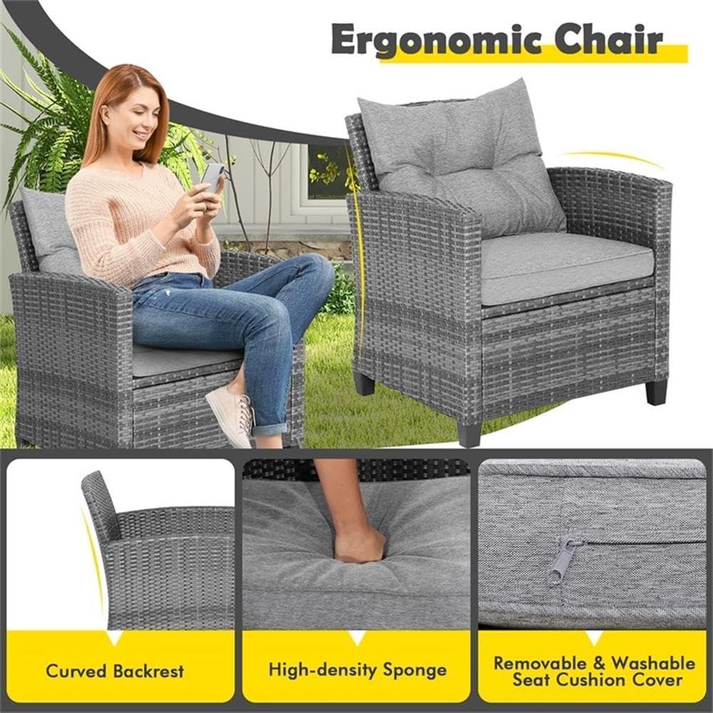 Pemberly Row 3PCS Patio Furniture Bistro Set, Mix-Gray PE Wicker, Metal Frames, Gray Cushions, Tempered Glass Side Table, Ergonomic Chairs with Armrests, Outdoor Patio, Porch, Garden Use
