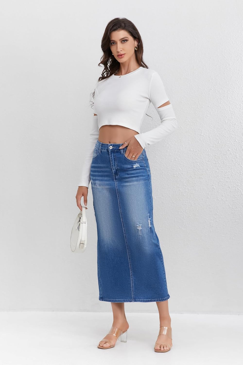 Women's High Waisted Long Denim Skirt with Back Slit Distressed Holes Stretch Whisker Wash - Image 9