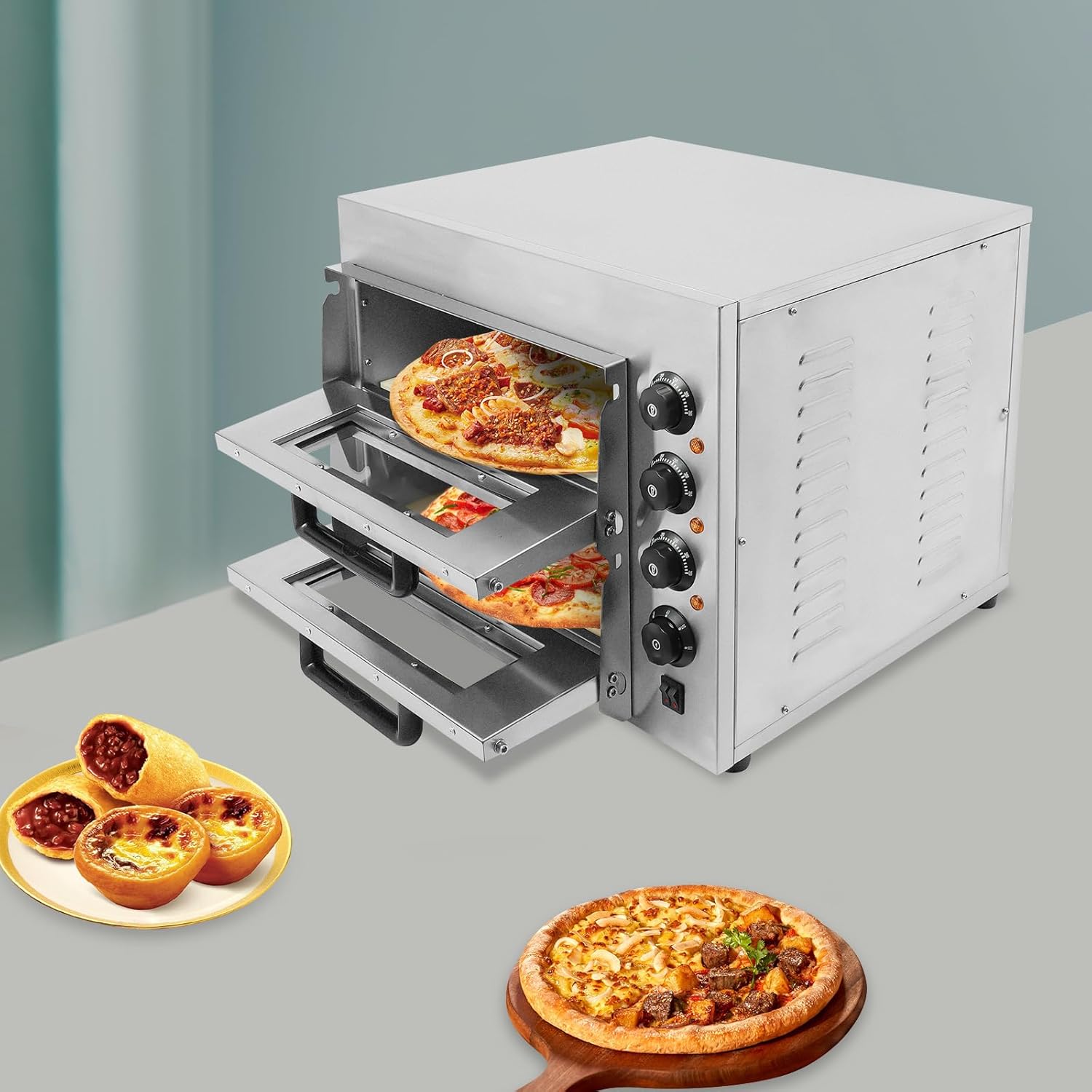 Horno elctrico para pizza de acero inoxidable, 3000 W, para interiores, doble piso, horno de pizza, 2 pisos, con regulacin de temperatura, 50-350 , para pizzera, restaurante, panadera, hogar
