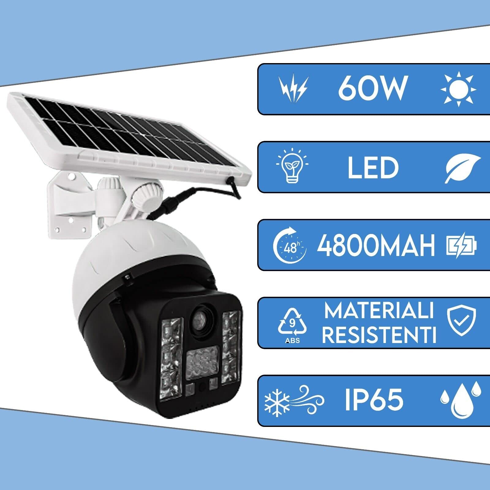 Telecamera Finta Da Esterno Con Ricarica Pannello Solare, Lampada led Da Strada Faro led Con Sensore Di Movimento, Videocamera Finta Per Sicurezza 30 Led - 60 watt