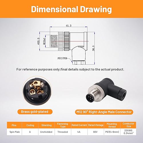 Miniatura 3 de M12 Conector de código macho A de 5 pines, sensor de ángulo recto, enchufe de aviación, conector circular industrial con terminación de tornillo
