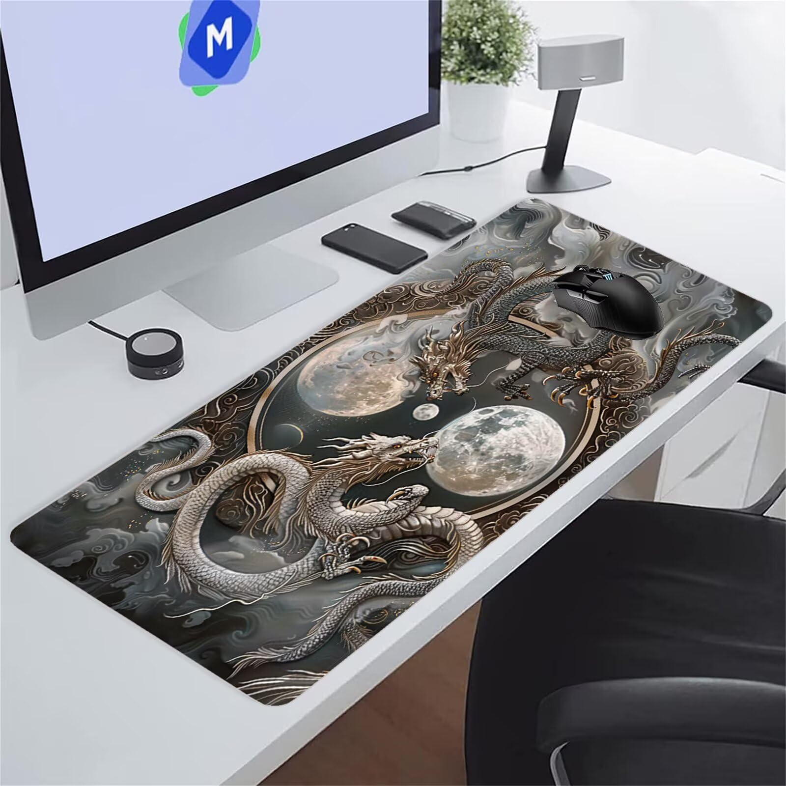 Alfombrilla de Ratón para Juegos 1500x800x2 mm Alfombrilla Ratón Grande Alfombrilla Escritorio Extendida con Base de Goma Antideslizante para Gamers PC y Portátil (Dragones Yin Yang)