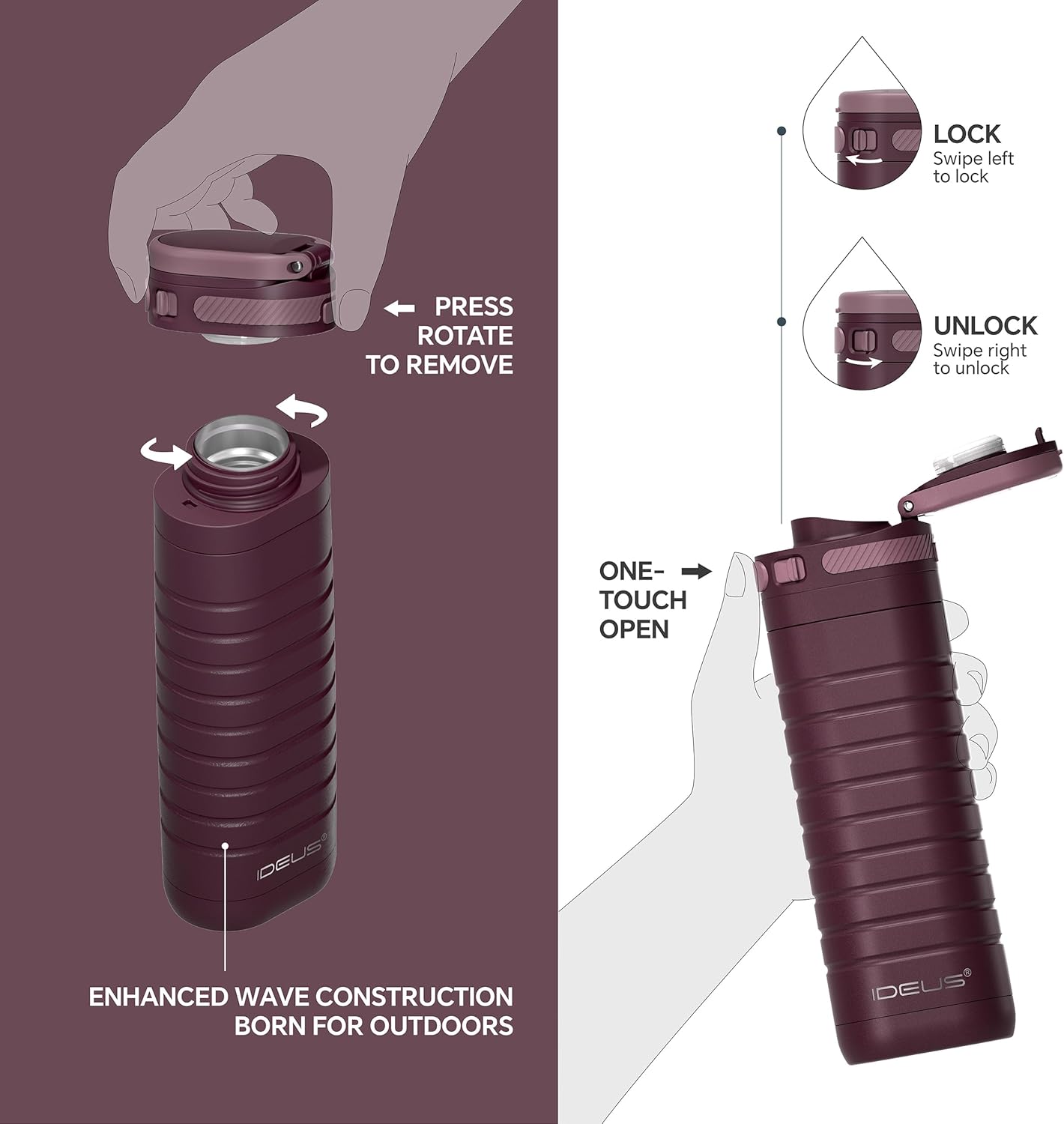 IDEUS Insulated Stainless Steel Water Bottle 14 oz Lockable Lid & Leakproof Travel Coffee Mug for Hot/Cold Beverages Fits Most Cup Holder (Burgundy) - Image 6