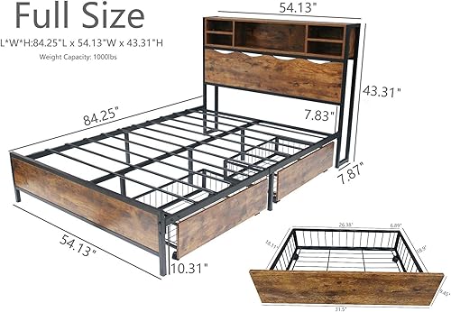 Miniatura 2 de Base de cama de tamaño matrimonial con cabecera de estantería integrada, plataforma de soporte de listones de metal con 2 cajones de almacenamiento,
