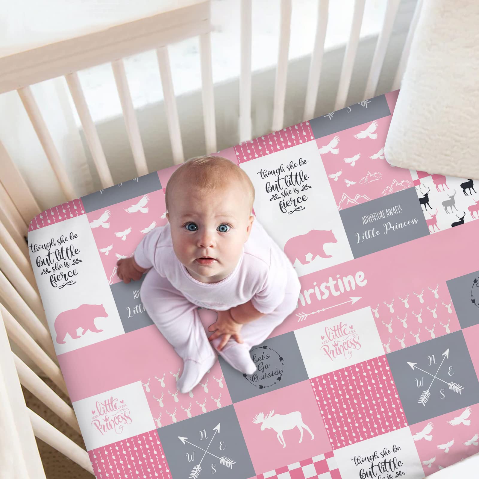 Personalized Woodland Deer Pink Baby Crib Sheets with Name, Customized Patchwork Design Crib Mattress Sheets for Baby Girls, Fitted Crib Bedding Sheets for Standard Crib Size, Name Crib Sheets