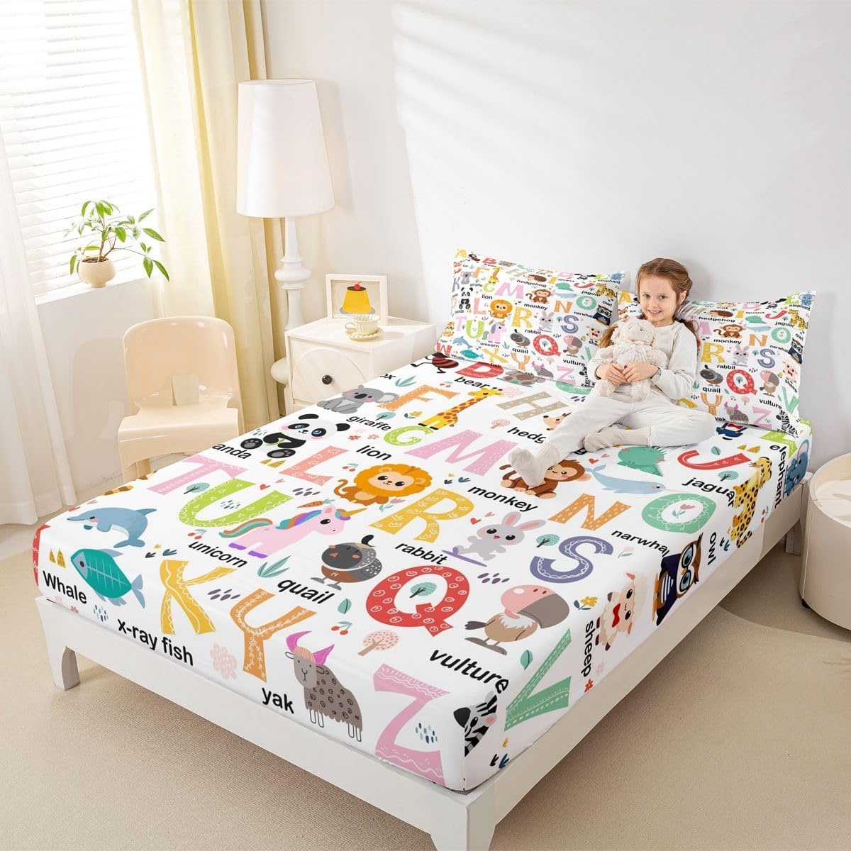 ABC Alphabet Bedding Set Twin Size for Boys Girls, Cartoon Animal Bed Sheet Set Cute Educational Learning Tool Fitted Sheet Learning Educational Bed Cover (1 Pillow Case and a Fitted Sheet)