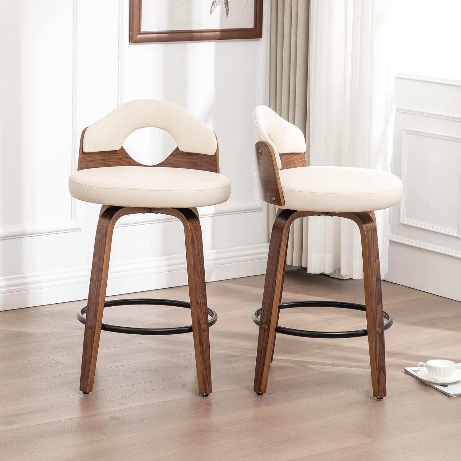 30" Swivel Bar Stools Set of 2,Mid Century Modern Faux Leather Barstools,Bar Height Bar Chairs with Low Back for Kitchen Island Counter Stool(Beige)