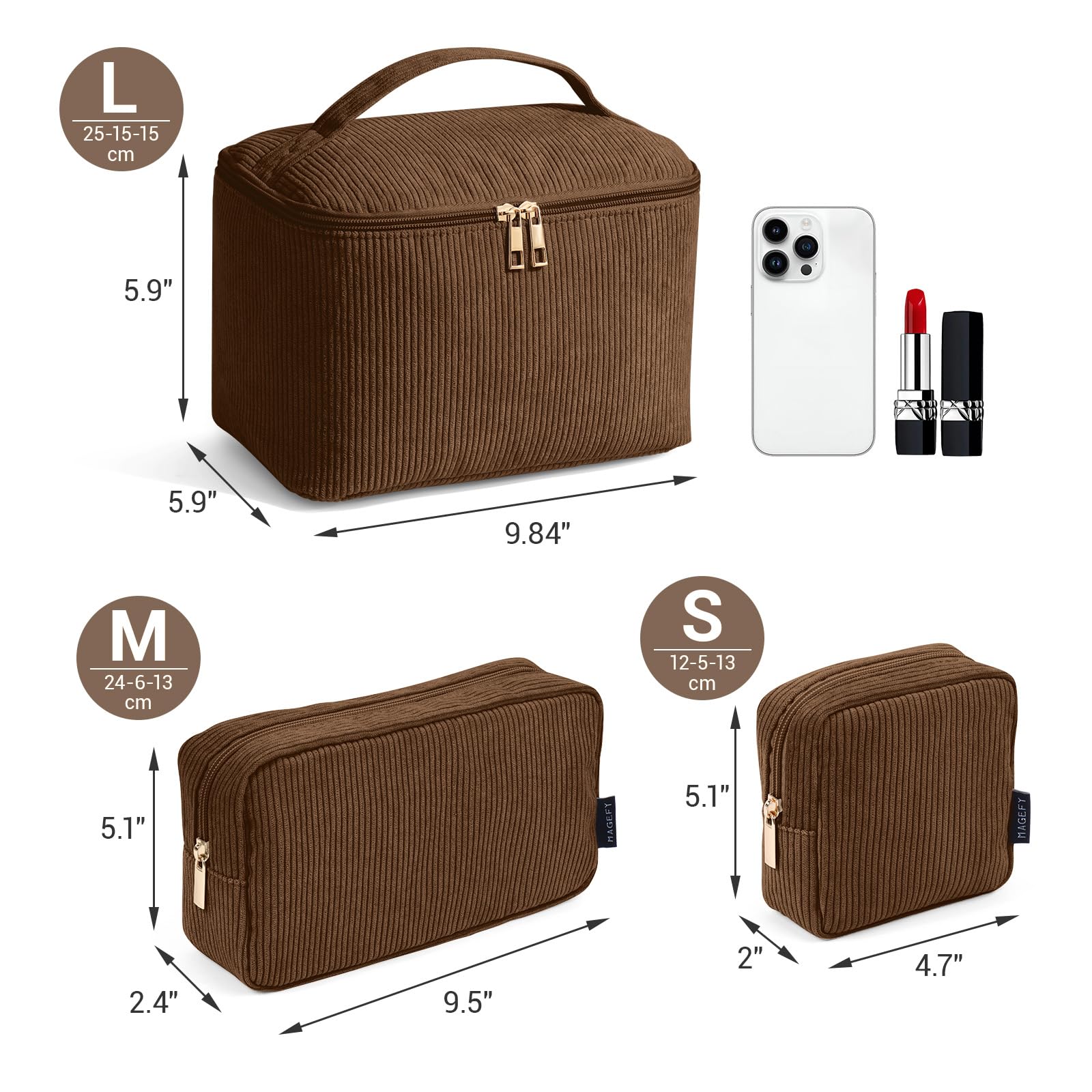 MAGEFY 3 Pcs Corduroy Makeup Bag Set including Dividers, Large Capacity Travel Cosmetic Organizer - Image 2