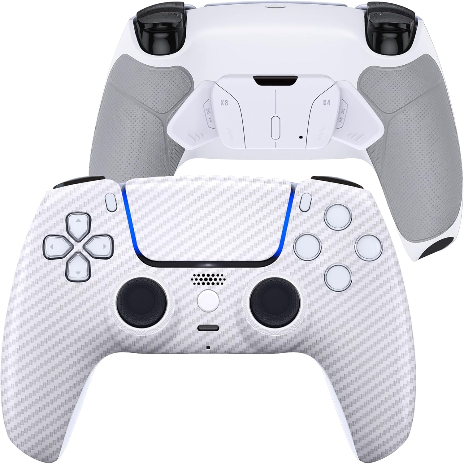 eXtremeRate Luna Redesigned White Silver Carbon Fiber Front Shell Compatible with ps5 Controller BDM-010 020 030 040 050, Rubberized 4 Back Buttons RISE4 Remap Kit for PS5 Controller BDM-010 BMD-020