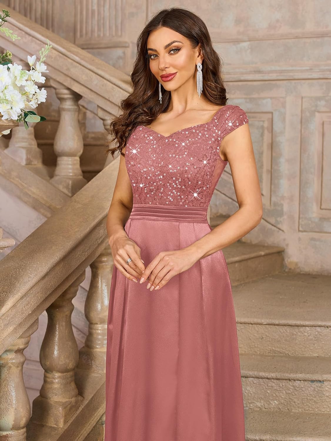 Miusol Women's Elegant V-Neck Sequin Lace Contrast Satin Split Bridesmaid Maxi Dress - Image 3