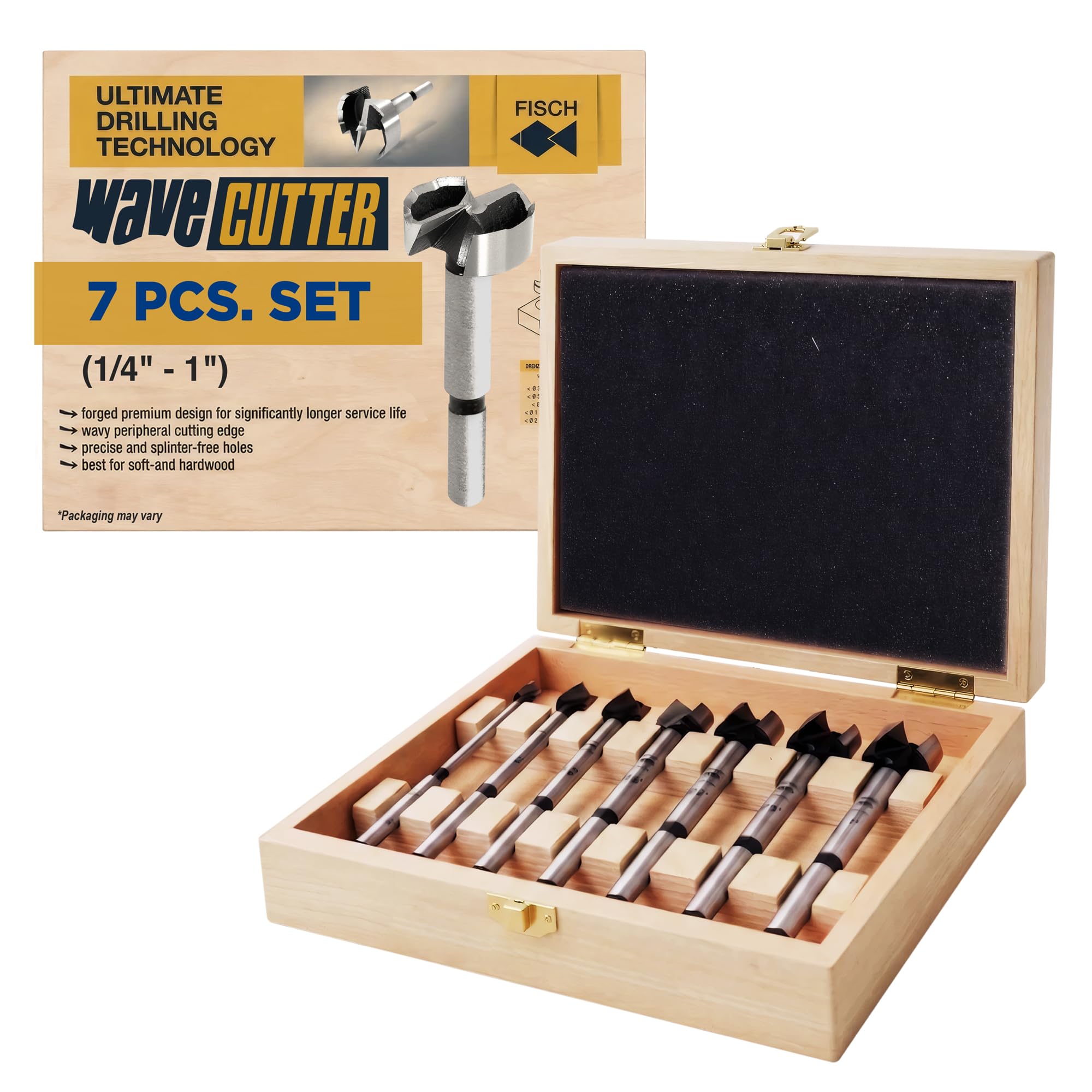 Fisch FSA-197058 1/4-Inch-1-Inch Diameter Wave Cutter Forstner Bit In Wooden Box, 7-Piece