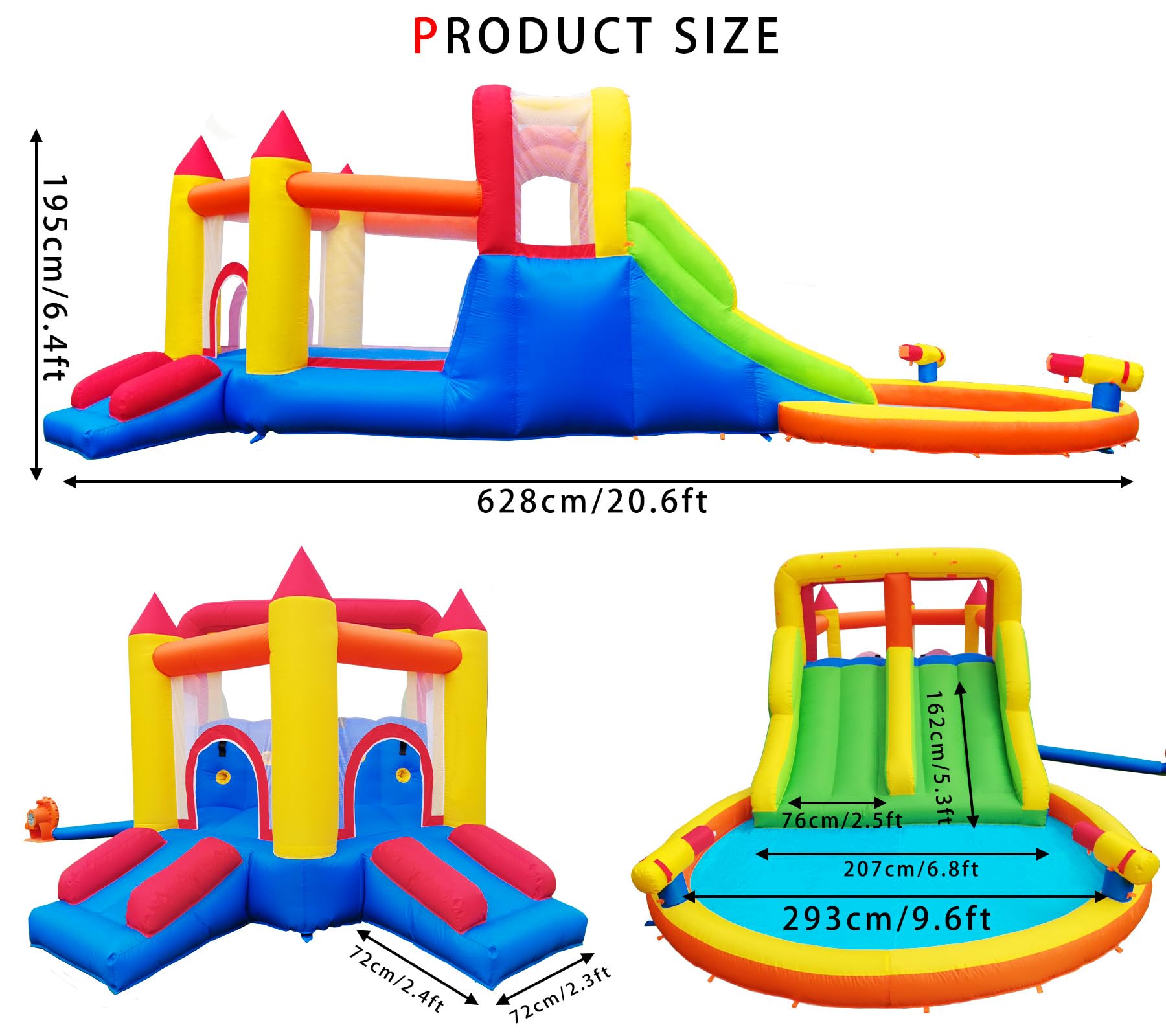 Baralir Große Aufblasbare Kinder-Hüpfburg mit Nass- und Trockenrutsche, Abenteuerspielplatz für den Garten, Hält bis zu 5 Kinder/200KG (ohne Gebläse) 6.28L x 2.93W x 1.95H m