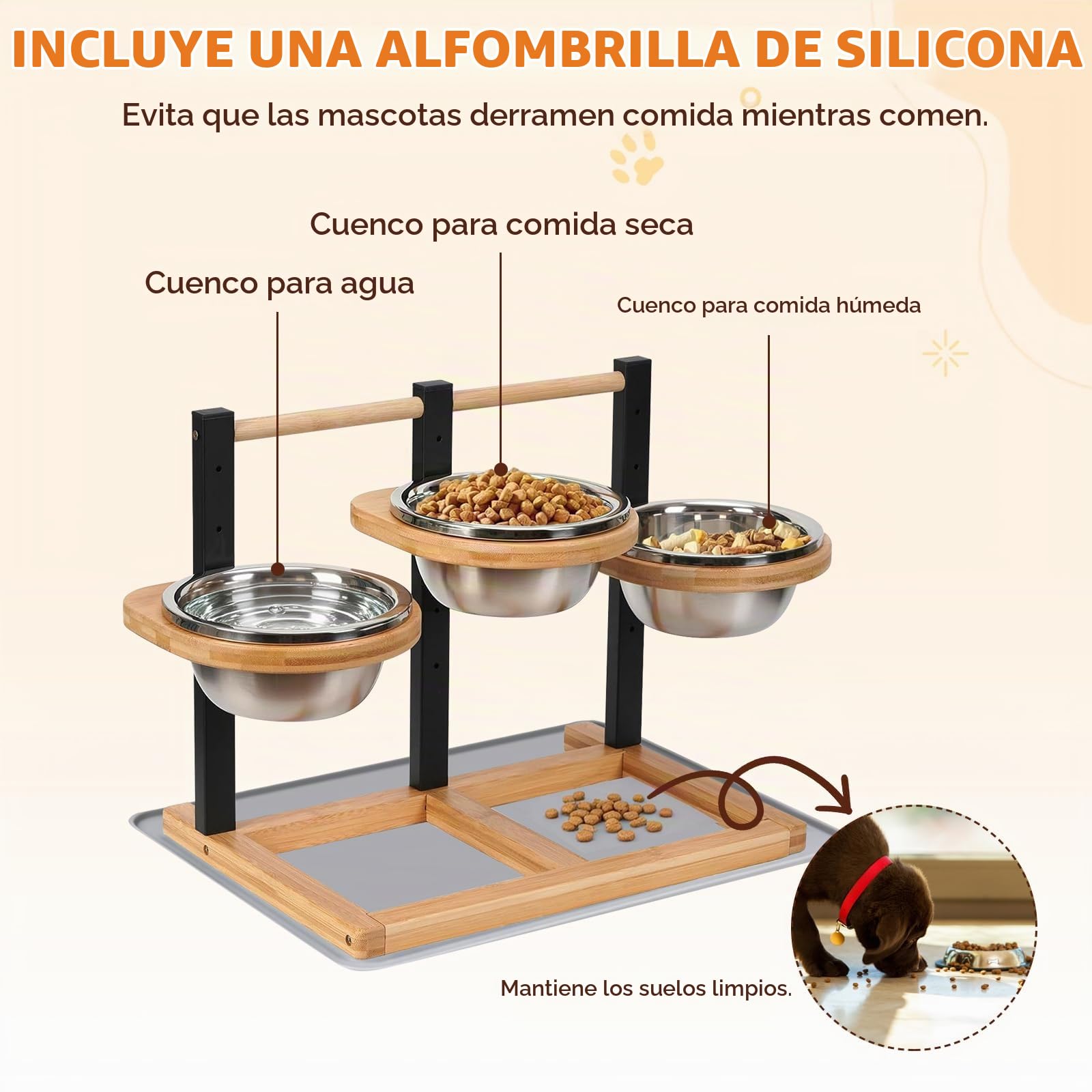 Comedero para perros elevado, 5 alturas ajustables con 3 cuencos 1400 ml