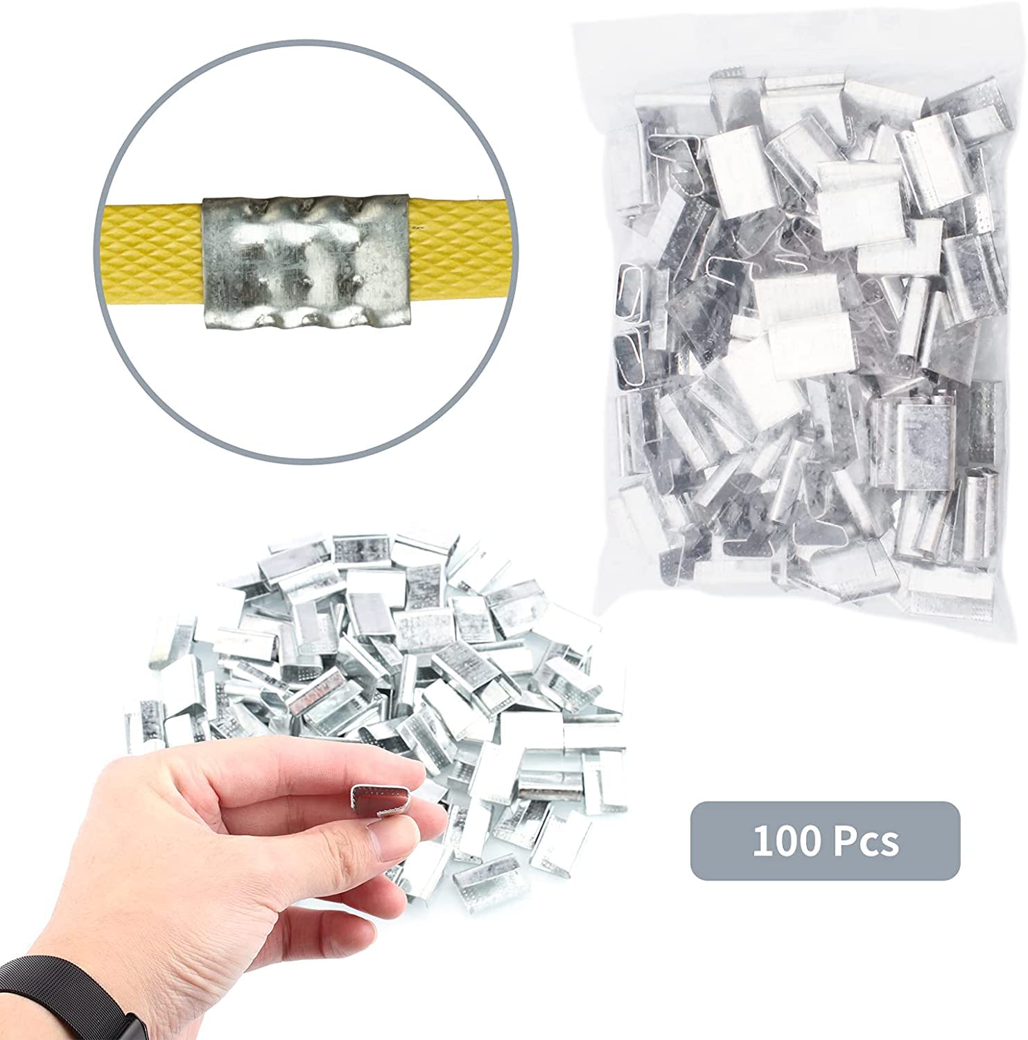 Herramienta de flejado manual, juego de flejado de empaque para sellador de tensor de fleje de PP/PET Sellado manual de empaque con cinturón de flejado de 100 m y kits de hebillas de 50 piezas