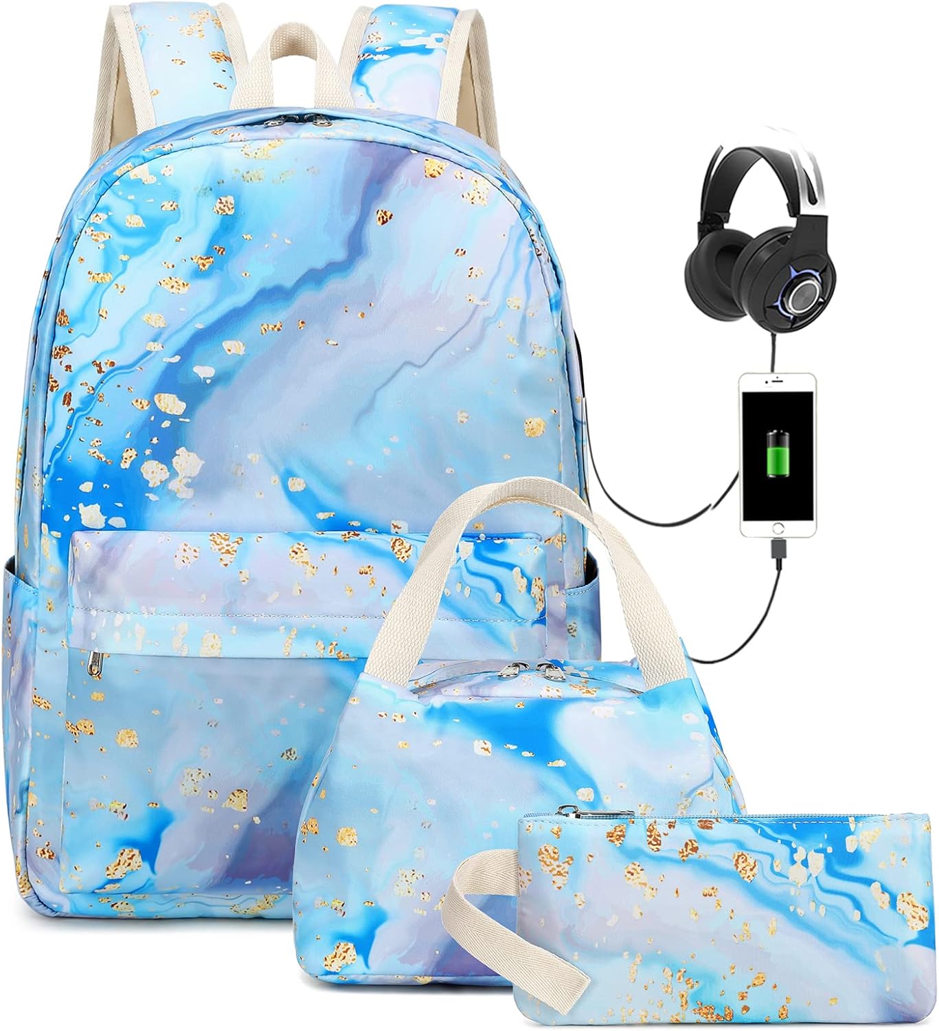Teen Girls School Backpack Kids Bookbag Set with Lunch Box Pencil Case, Travel Laptop Backpack Casual Daypacks (Blue-marble)