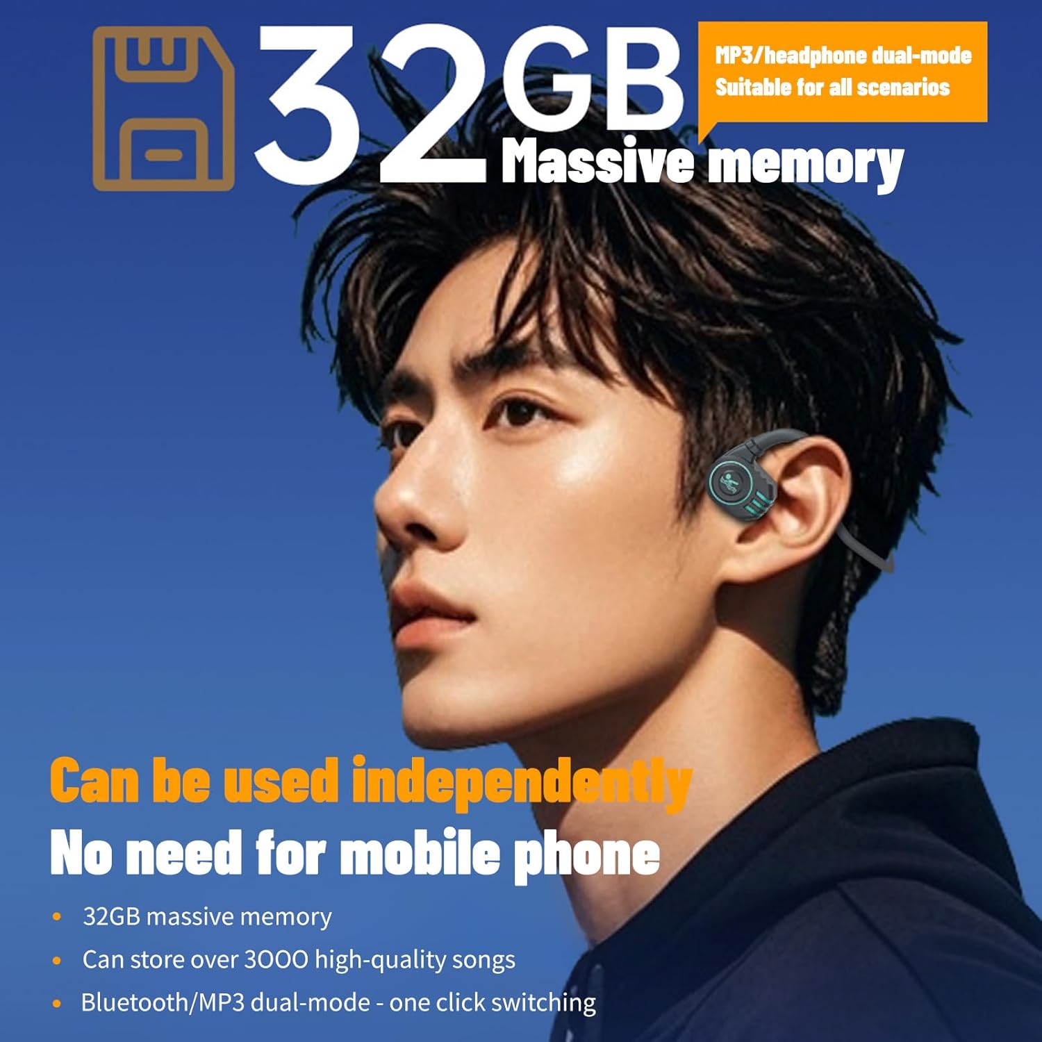 Image showing a person wearing the headphones with text indicating 32GB massive memory and MP3/headphone dual-mode.