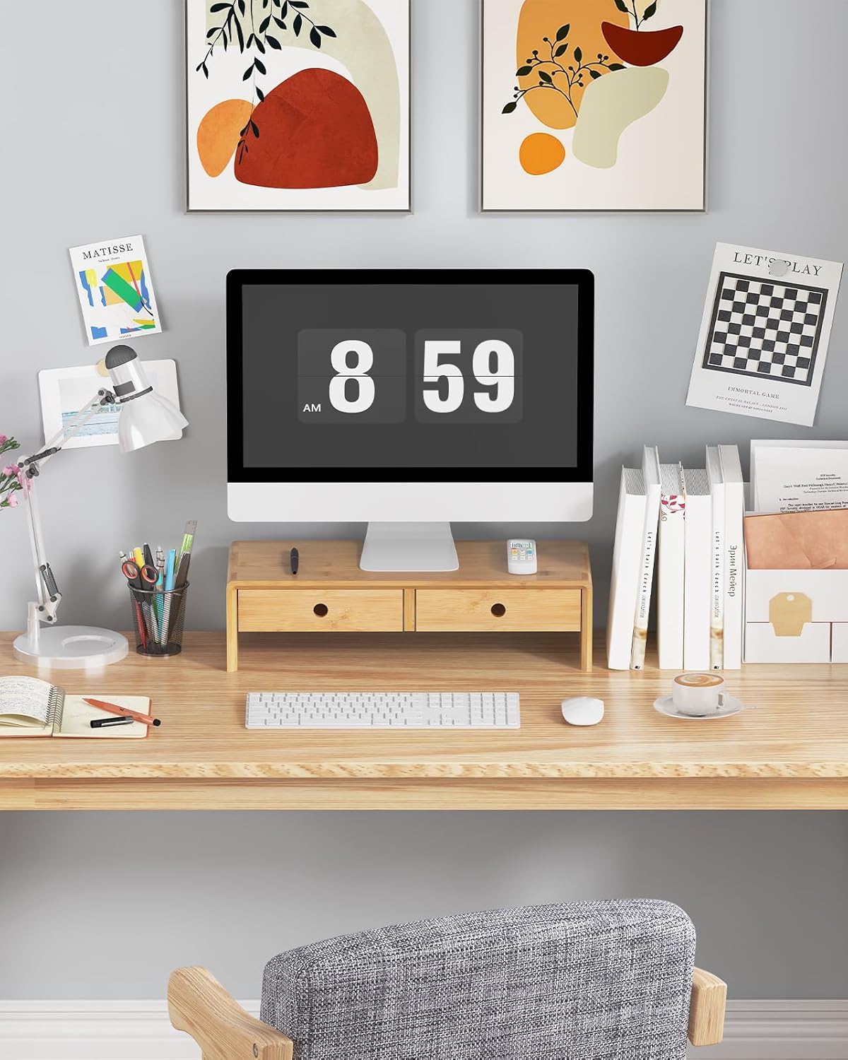 Ufine Bamboo Monitor Stand with 2 Drawers Desktop Organizer Computer Screen Laptop Riser Ergonomic Height for Home Office