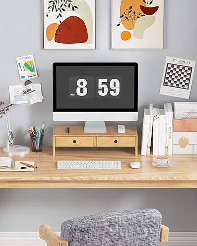 Miniatura 8 de Ufine Soporte elevador de bambú para monitor con 2 cajones, 19.7 x 7.8 x 5.1 pulgadas, color natural