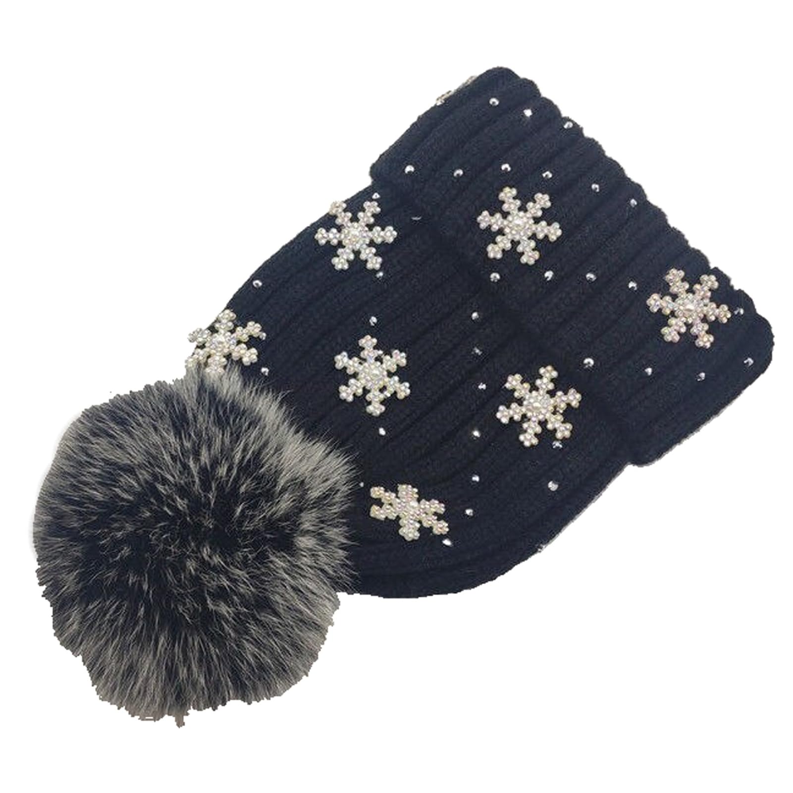 Gorro de Invierno con pompón para Mujer, cálido, Tejido a Crochet (Negro escarchado, Talla única)