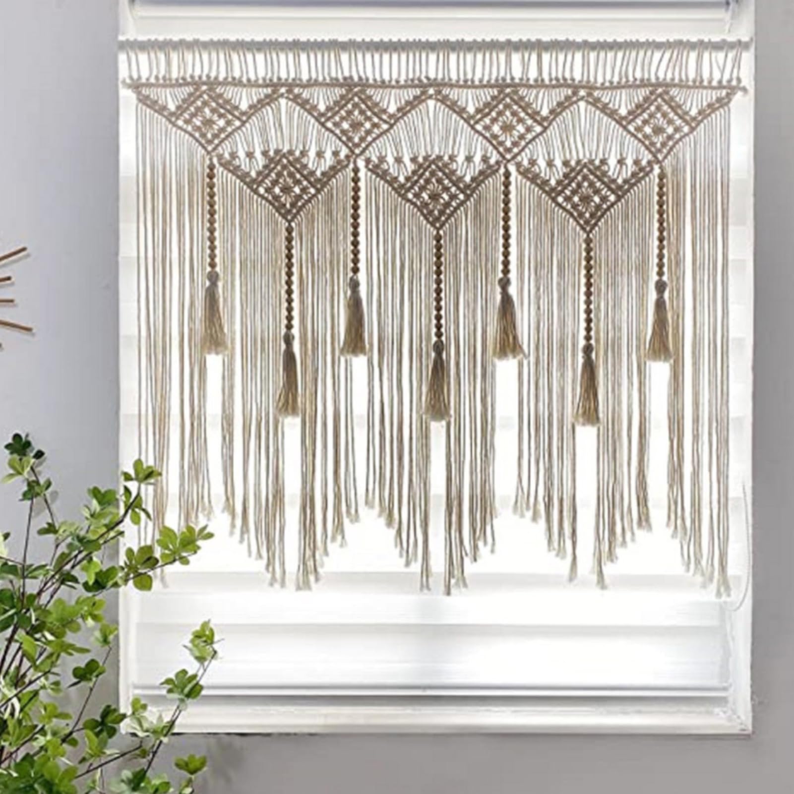 Rideaux en macramé avec perles en bois - Rideau tissé court - 100 x 80 cm - Beige - À suspendre au mur - Décoration murale d'extérieur