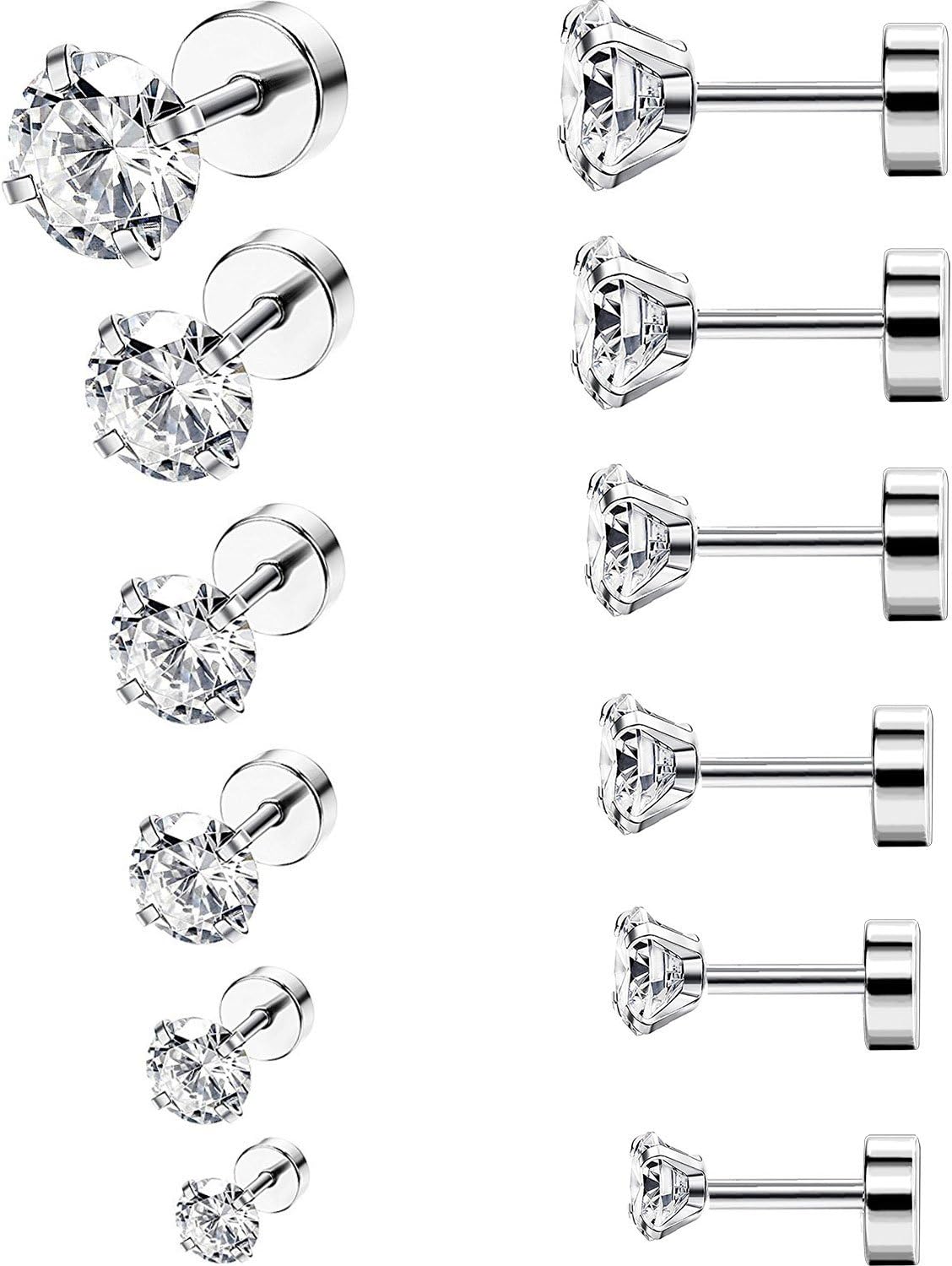6 Pairs 18G Stainless Steel Cubic Zirconia Studs Earrings Cartilage Ear Helix Tragus Barbell Piercings, 6 Size