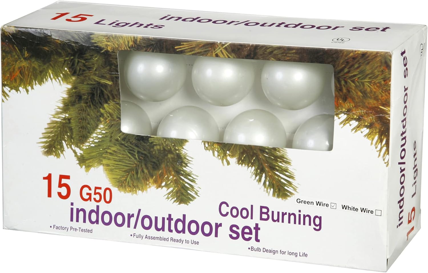 Vickerman 15 Pearl White G50 Light on Green Wire, 10' Christmas Light Strand