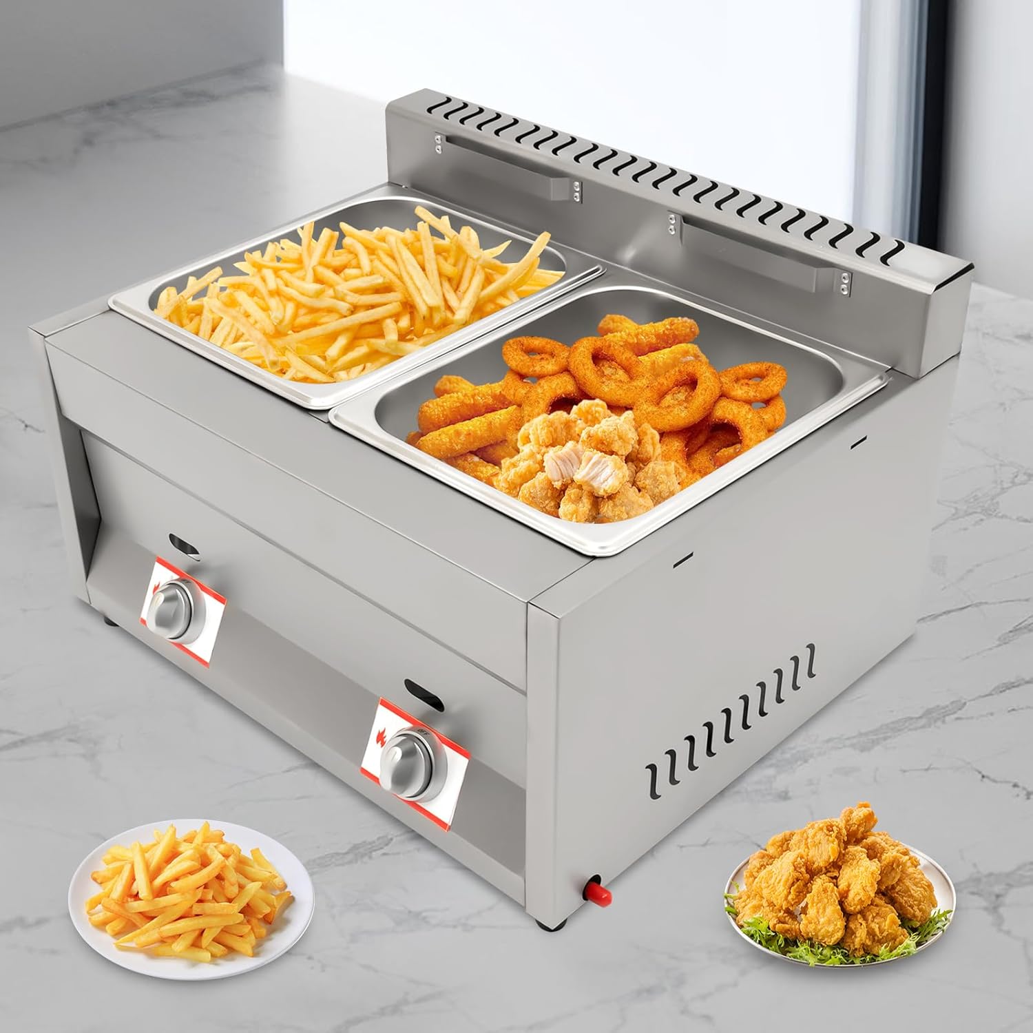 Commercial Double Deep Fryer,Stainless Steel Countertop Gas Fryer, Commercial LPG Gas Deep Fryer with 2 Basket,Oil Fryer Pot for Home Use,12L
