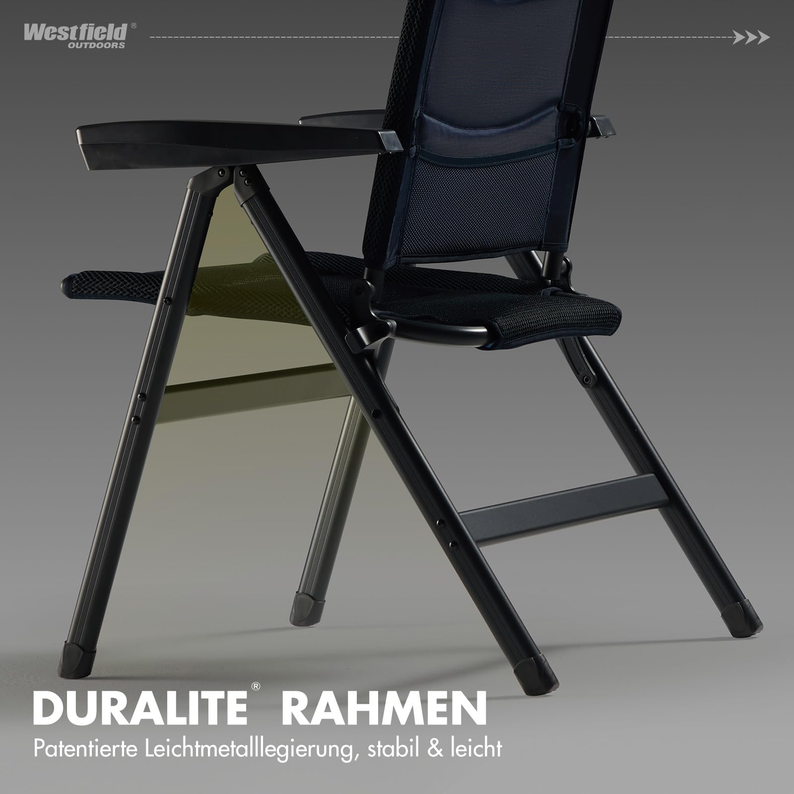 Westfield Outdoors Advancer Ergofit Campingstuhl Faltbar, 5-Fach Verstellbar, Klappstuhl Hohe Rückenlehne, Atmungsaktiver, Kopfteil, für Garten, Wohnwagen, Camping, 160 kg Belastbar, Nachtblau