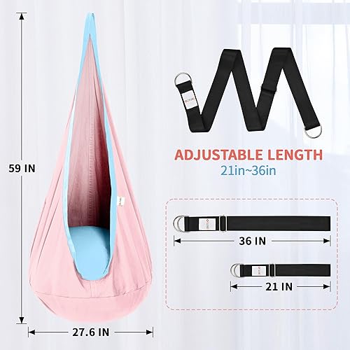 Miniatura 4 de OUTREE Asiento de columpio para niños, hamaca de algodón para niños, columpio sensorial para uso en interiores y exteriores, color rosa macarrón