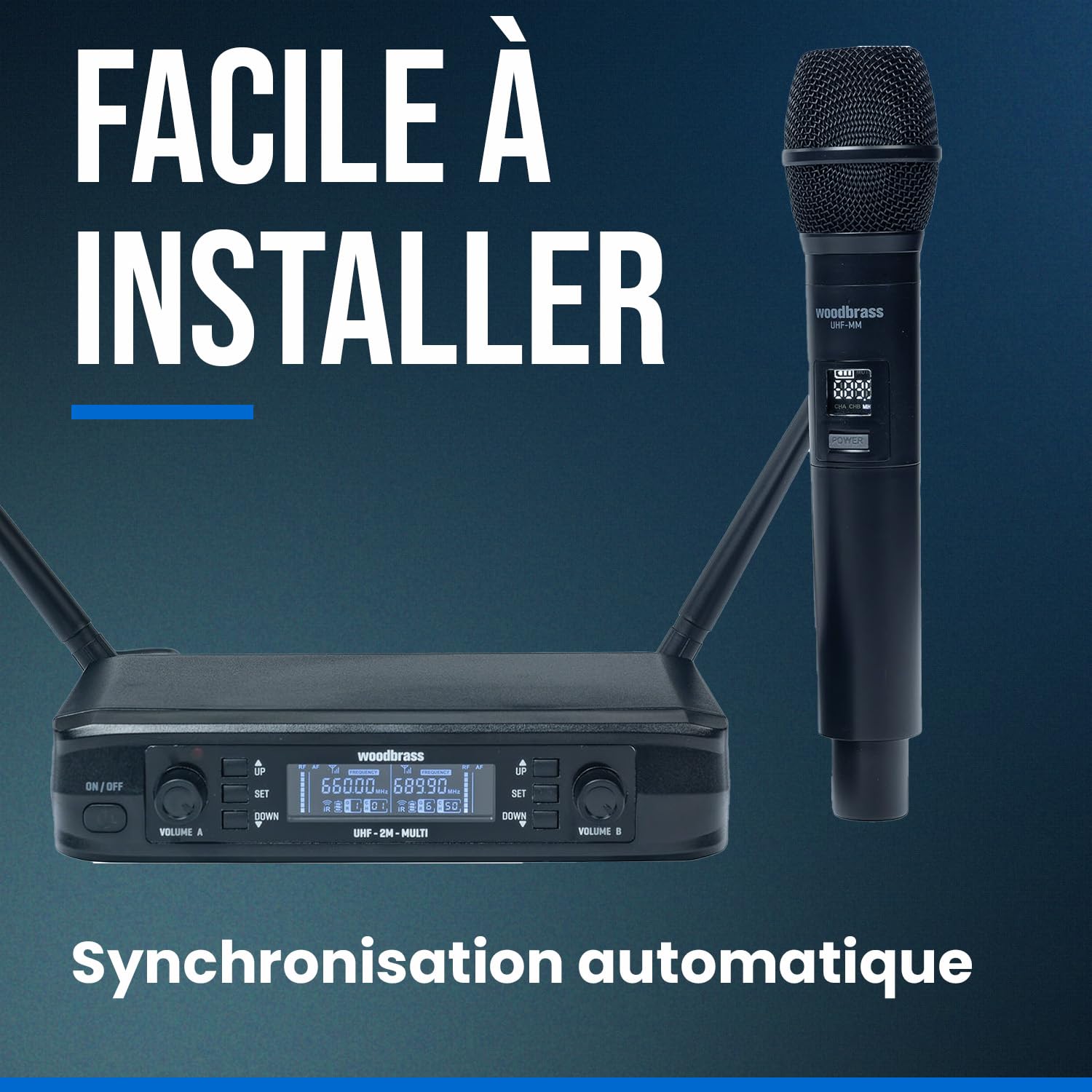 WOODBRASS Microphone sans Fil Système 2 x Micro UHF Multi fréquences - Portable Micros à Main pour Karaoké, Professionnel, DJ, Animation, Mariage, Conférence (UHF-2M-MULTI)