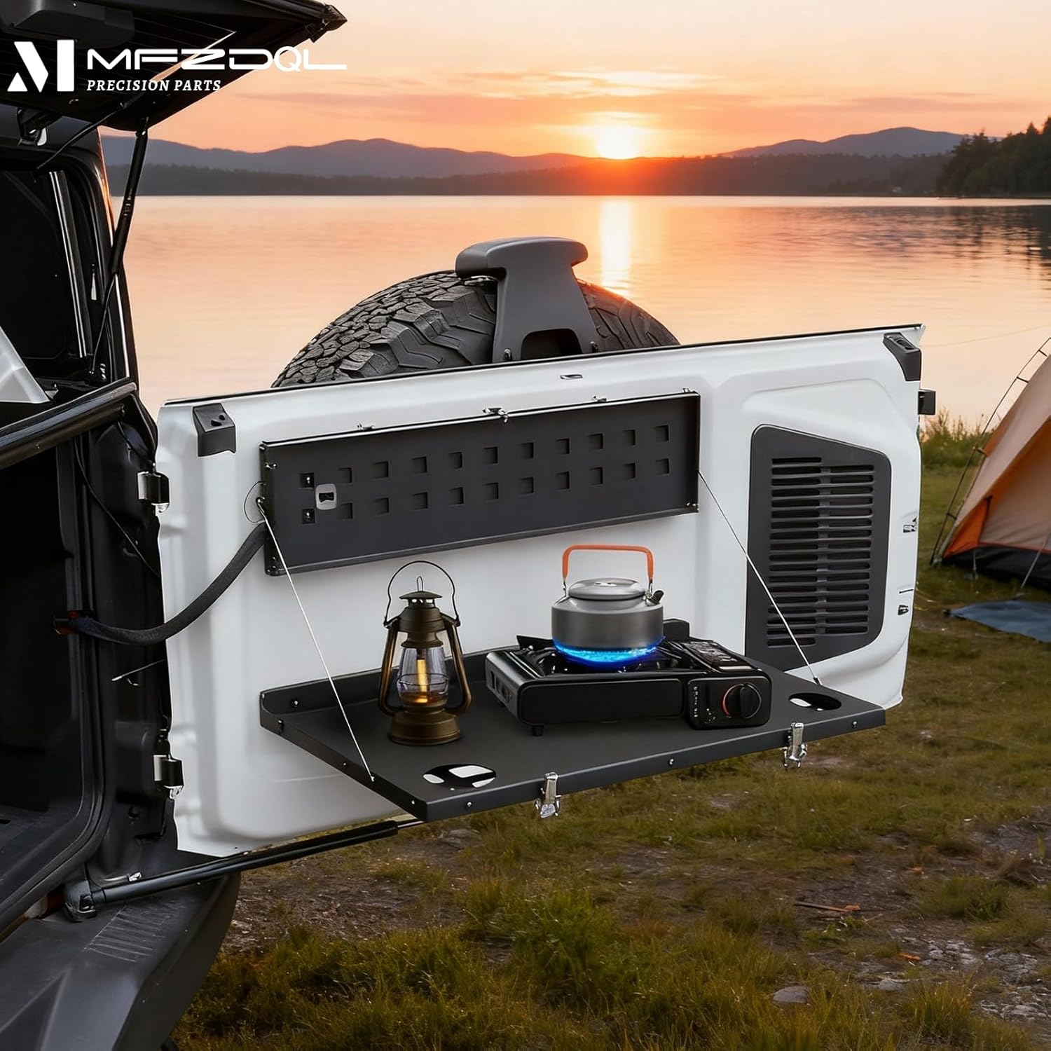 Tailgate Table Fits for Ford Bronco 2021-2024, Carbon Steel Double Layer Folding Shelf & Molle Panel, Compact Storage for Off-Road Camping