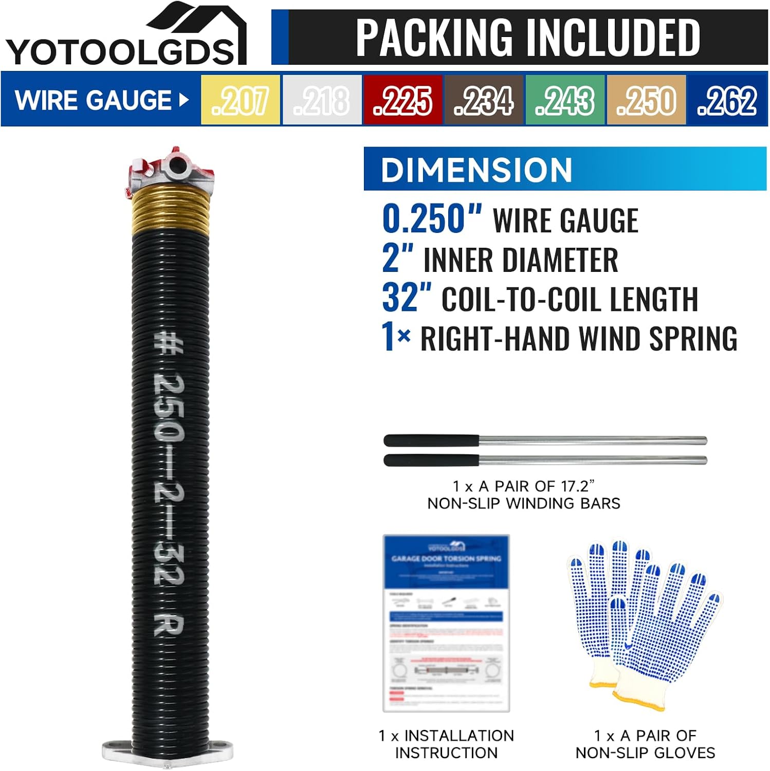 Right Hand Wind（Red Cone）2" Garage Door Torsion Spring with Non-Slip Winding Bars & Gloves, High Precision Electrophoresis Black Coated, for Replacement, MIN 16,000 Cycles (0.250x2''x32'')