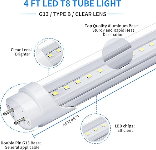 Miniatura 5 de Paquete de 25 bombillas LED T8 de 4 pies, luz LED de 4 pies para garaje, almacén, 20 W, 5000 K, 2600 lúmenes, luz diurna, luz blanca, reemplazo de