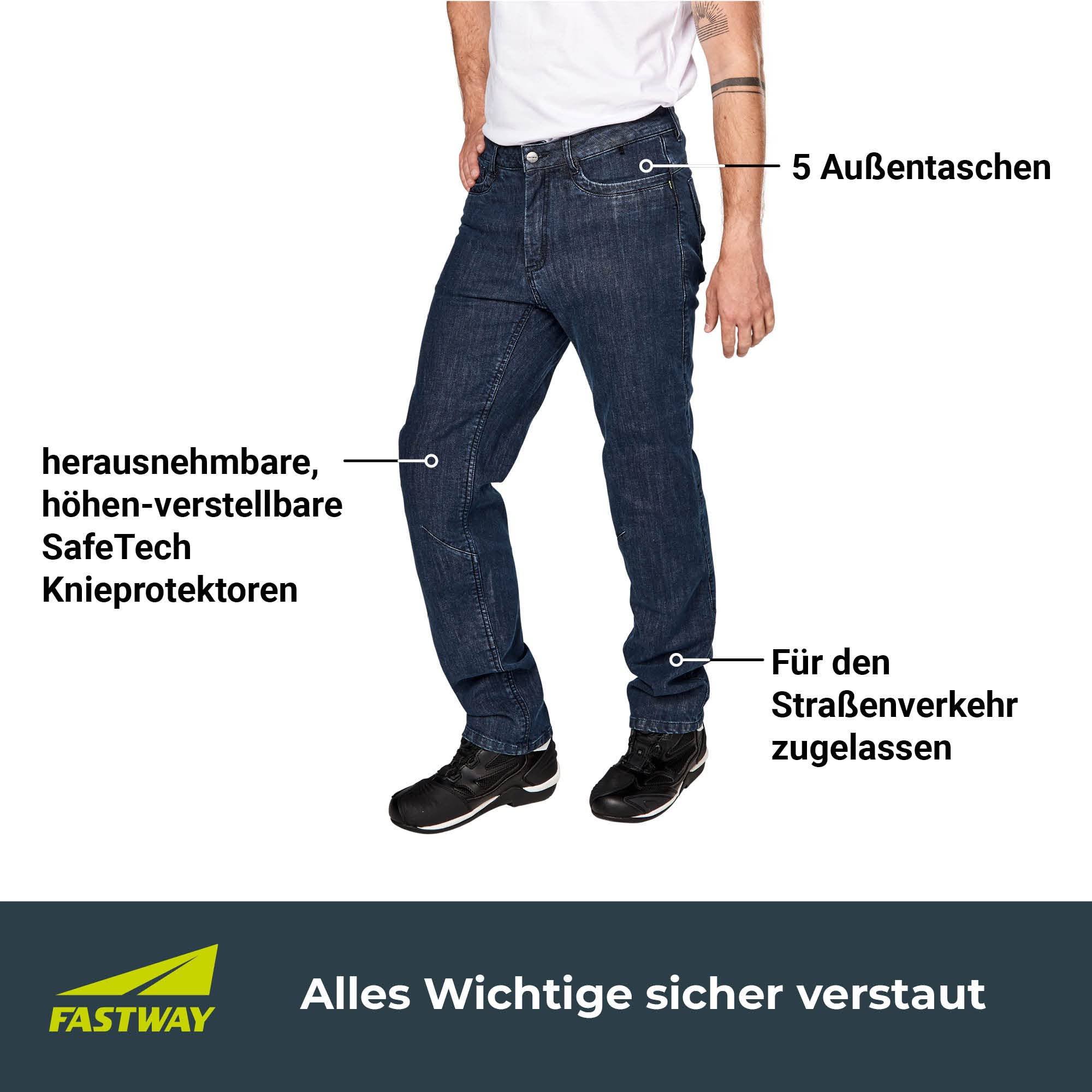 FAST WAY Motorrad Jeans Herren, EN Geprüfte Motorradhose Herren Klasse A, Entnehmbare Knie Protektoren, Hüfte, Gesäß & Knie Verstärkt, Sicherheitsnähte an Sturzpositionen, Blue Jeans, L32