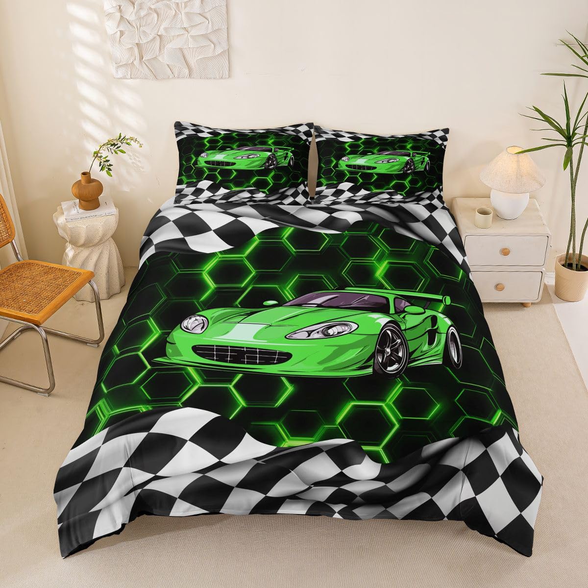 Homemissing Green Honeycomb Race Car Duvet Cover Set Cot Size For Kids Boys Girls Speed Sports Car Bedding Set Racing Flag Duvet Cover with 1 Pillowcase Geometric Bedding