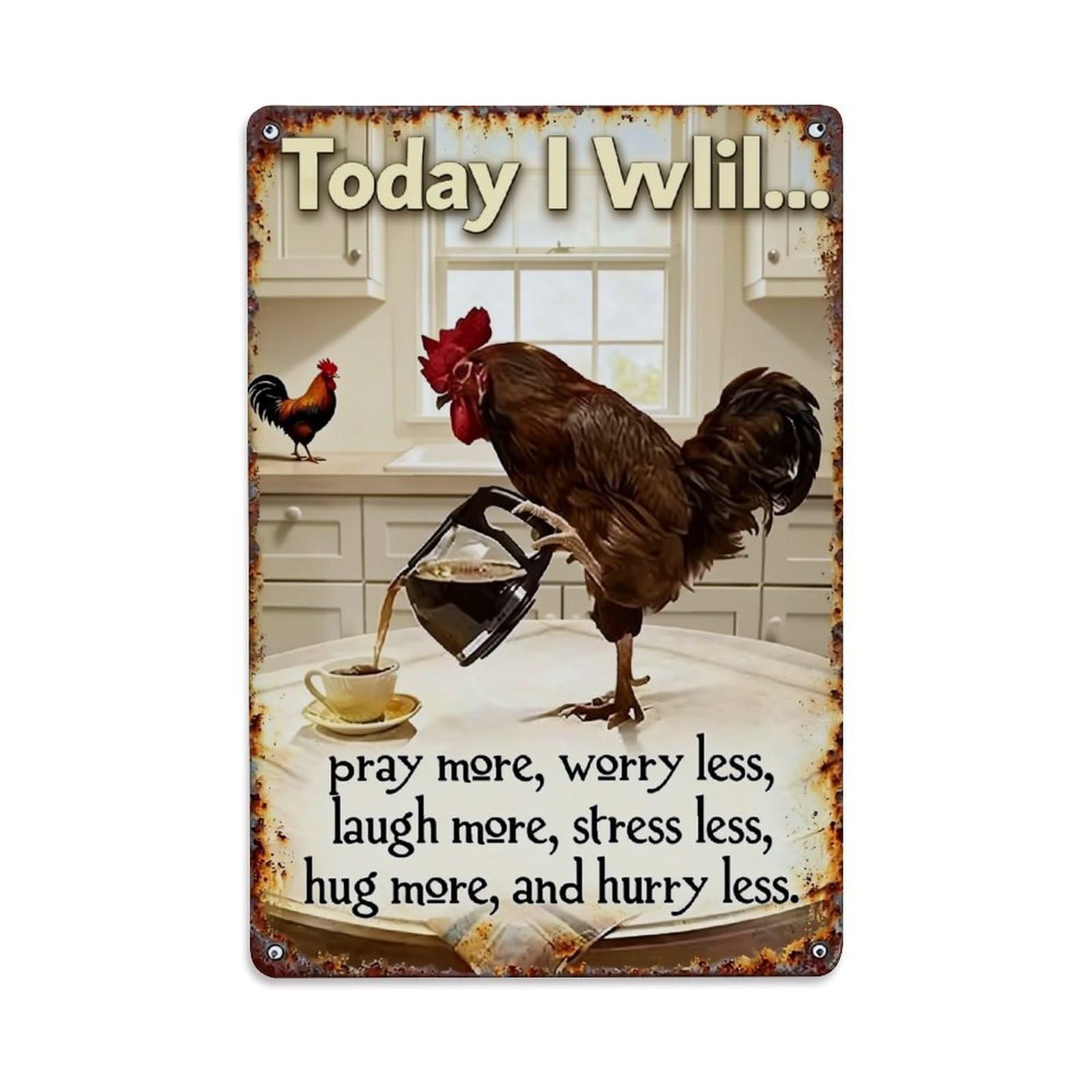 Jdfenggu Vintage Chicken Pouring Coffee Kitchen Scene Retro Metal Tin Sign, Decor Art Poster For Bar, Home, Man Cave, Kitchen, Laundry Room Gift 8X12inch