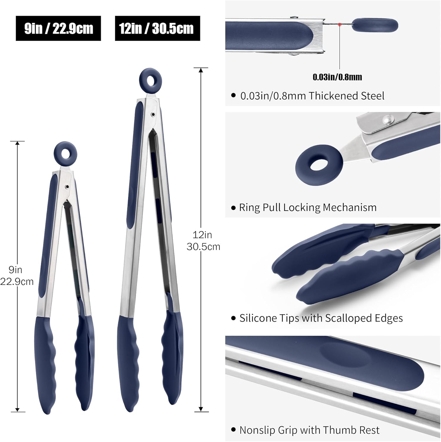 Doosu 600°F Heat Resistant Kitchen Tongs for Cooking with Non-Scratch Silicone Tips (9+12in, Navy Blue) & 600°F Heat Resistant Spatula Set of 4 for Cooking Baking (Aqua+Black+Navy+Lake Blue)