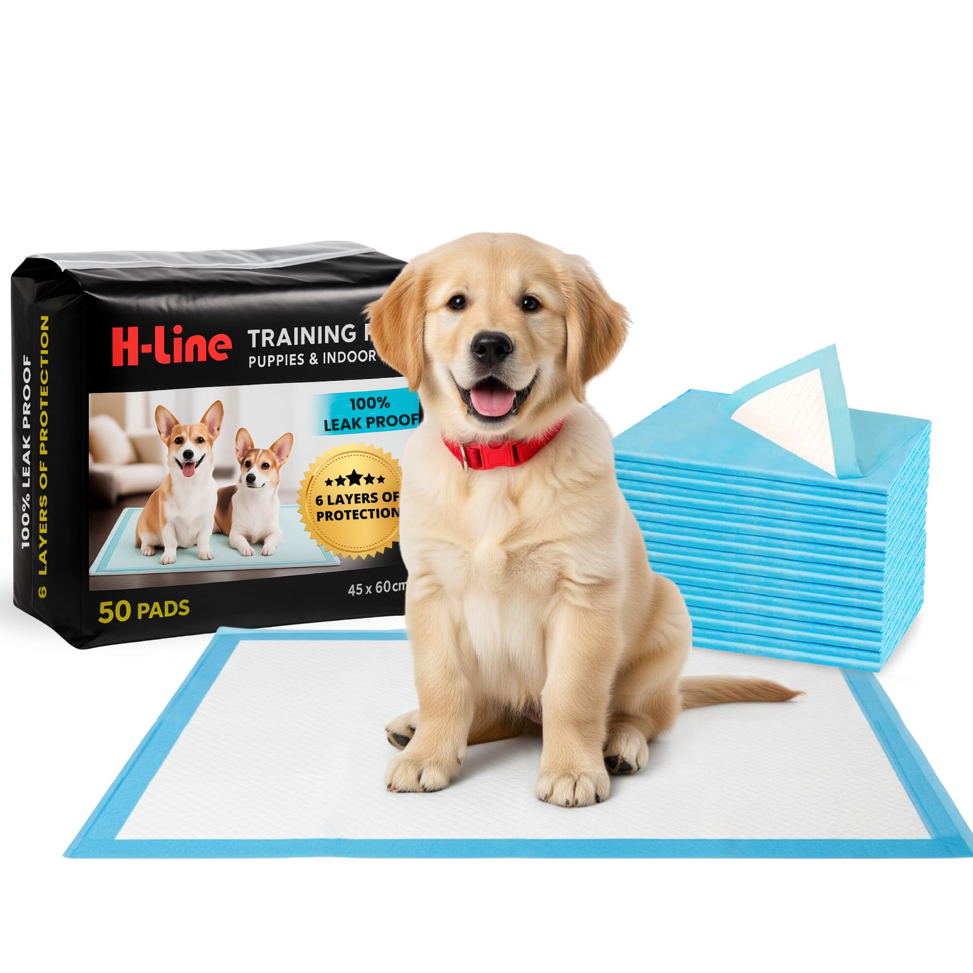 H-line Pack of 50 Quality 6 Layered Pet Dog Puppy Pads Large Absorbent Training Trainer Floor Toilet Disposable Pee Mats [60 x 45] CM