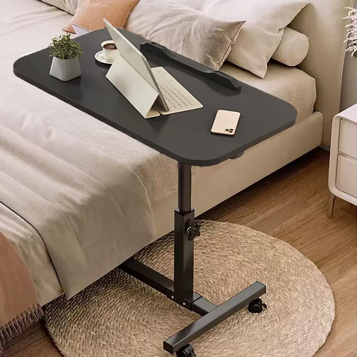 Bedtable, Rolling Overbed Table with Wheels for Home and Medical, Adjustable Laptop Desk - Hospital Tray Table for Eating, Bedridden, Elderly (Color : Black, Size : 60 * 4