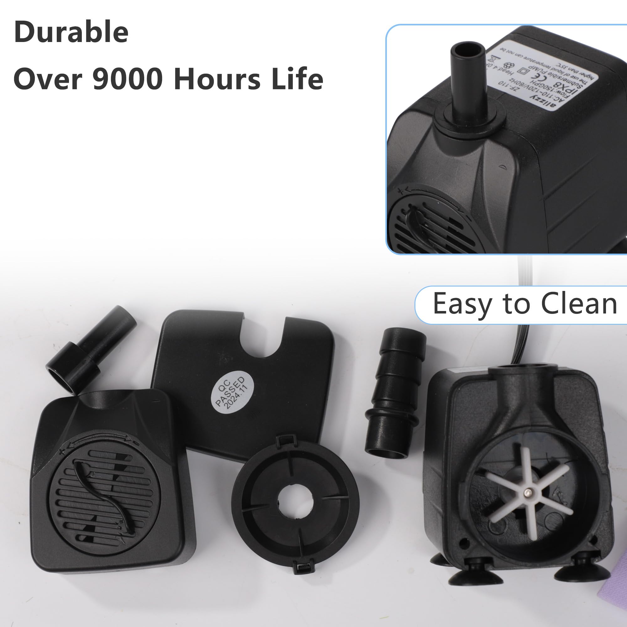 alizzy - Bomba de agua sumergible pequeña de 150 GPH (570 L/H, 10 W), bomba de fuente de agua ultra silenciosa con elevación de 4 pies y cable de alimentación de 6 pies para acuario, pecera, función